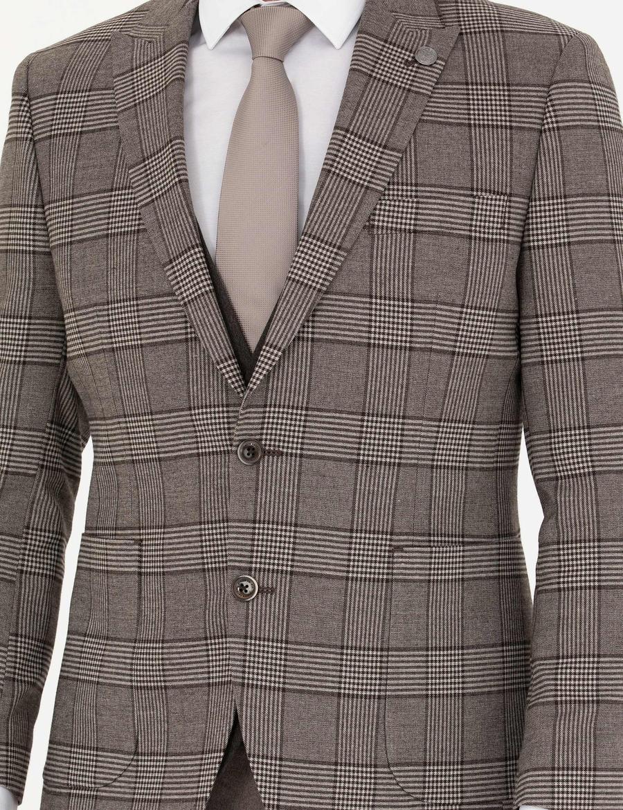 Açık Kahverengi Yelekli Ekose Takım Elbise