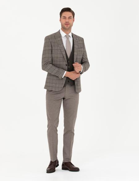 Açık Kahverengi Yelekli Ekose Takım Elbise - 50281897041