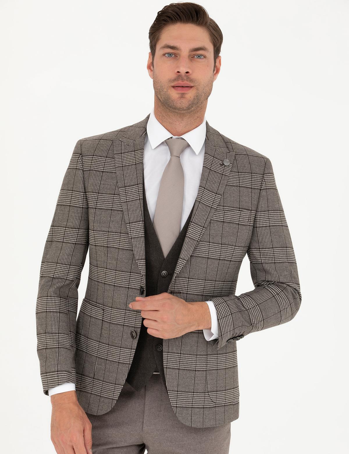 Açık Kahverengi Yelekli Ekose Takım Elbise - 50281897041