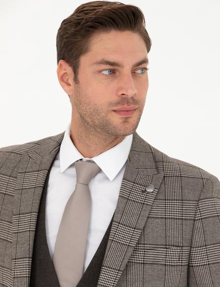 Açık Kahverengi Yelekli Ekose Takım Elbise - 50281897041