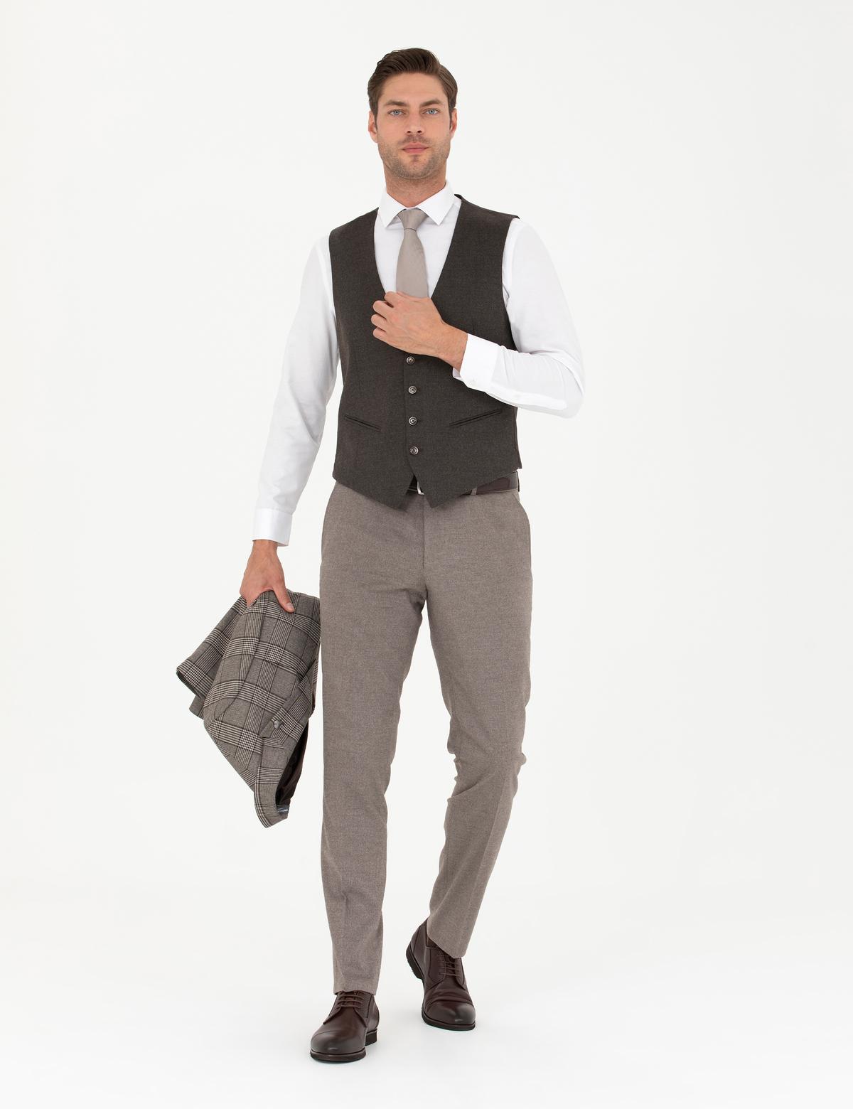 Açık Kahverengi Yelekli Ekose Takım Elbise - 50281897041