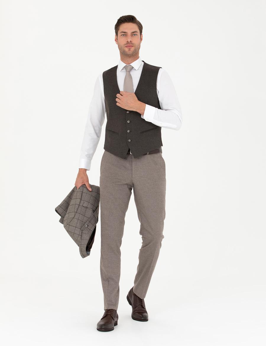 Açık Kahverengi Yelekli Ekose Takım Elbise