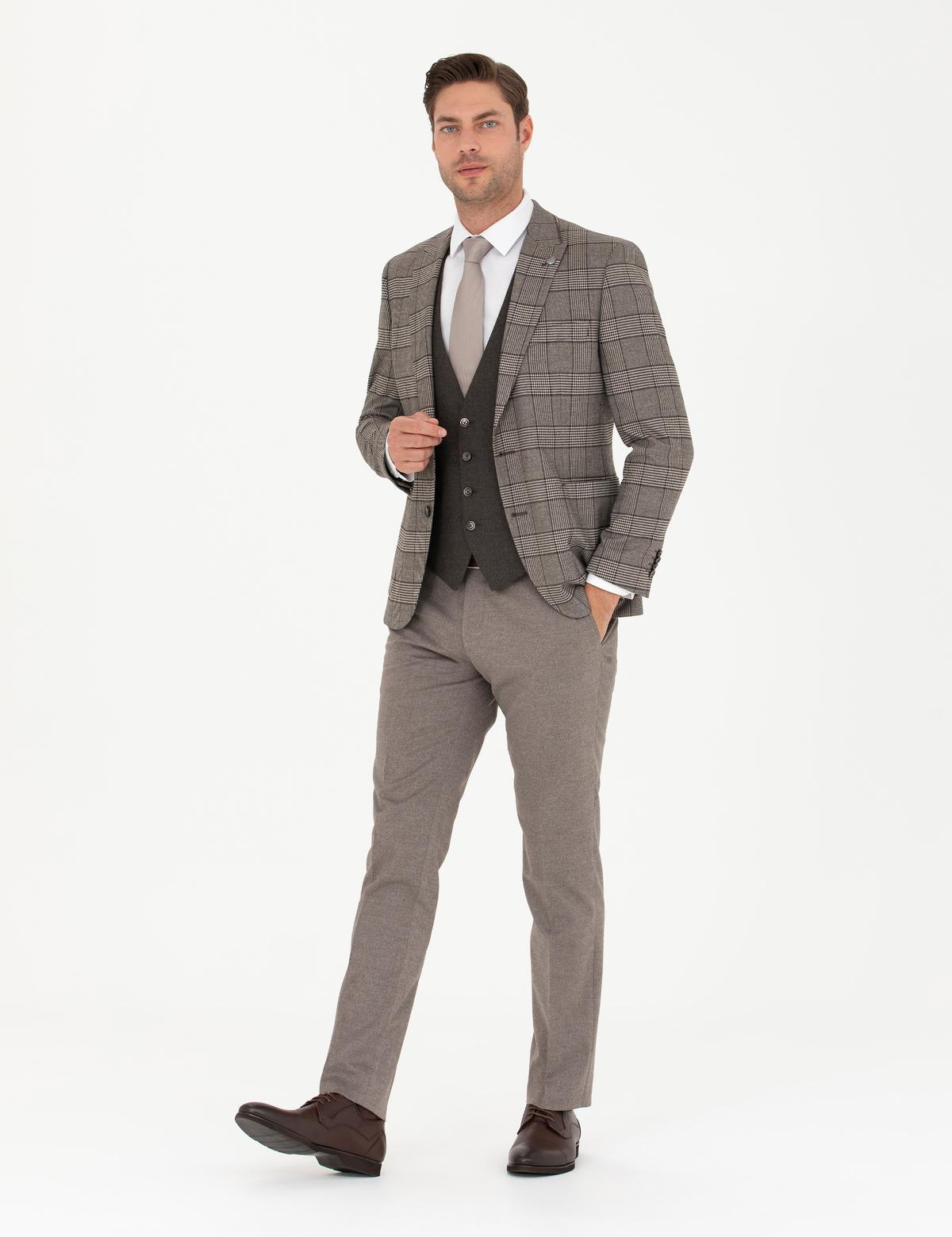 Açık Kahverengi Yelekli Ekose Takım Elbise - 50281897041