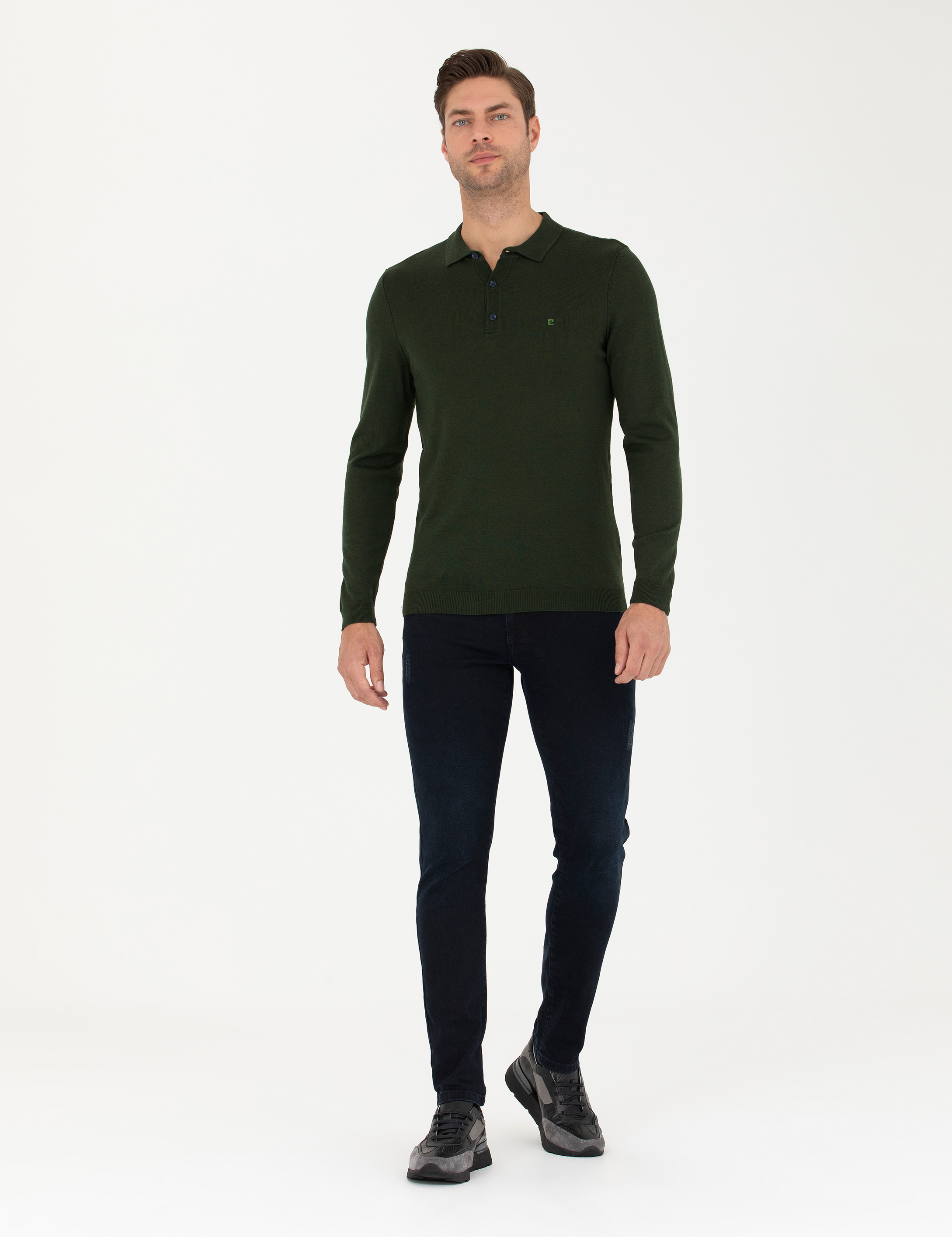 Koyu Yeşil Slim Fit Polo Yaka Basic Triko Kazak - Image 4