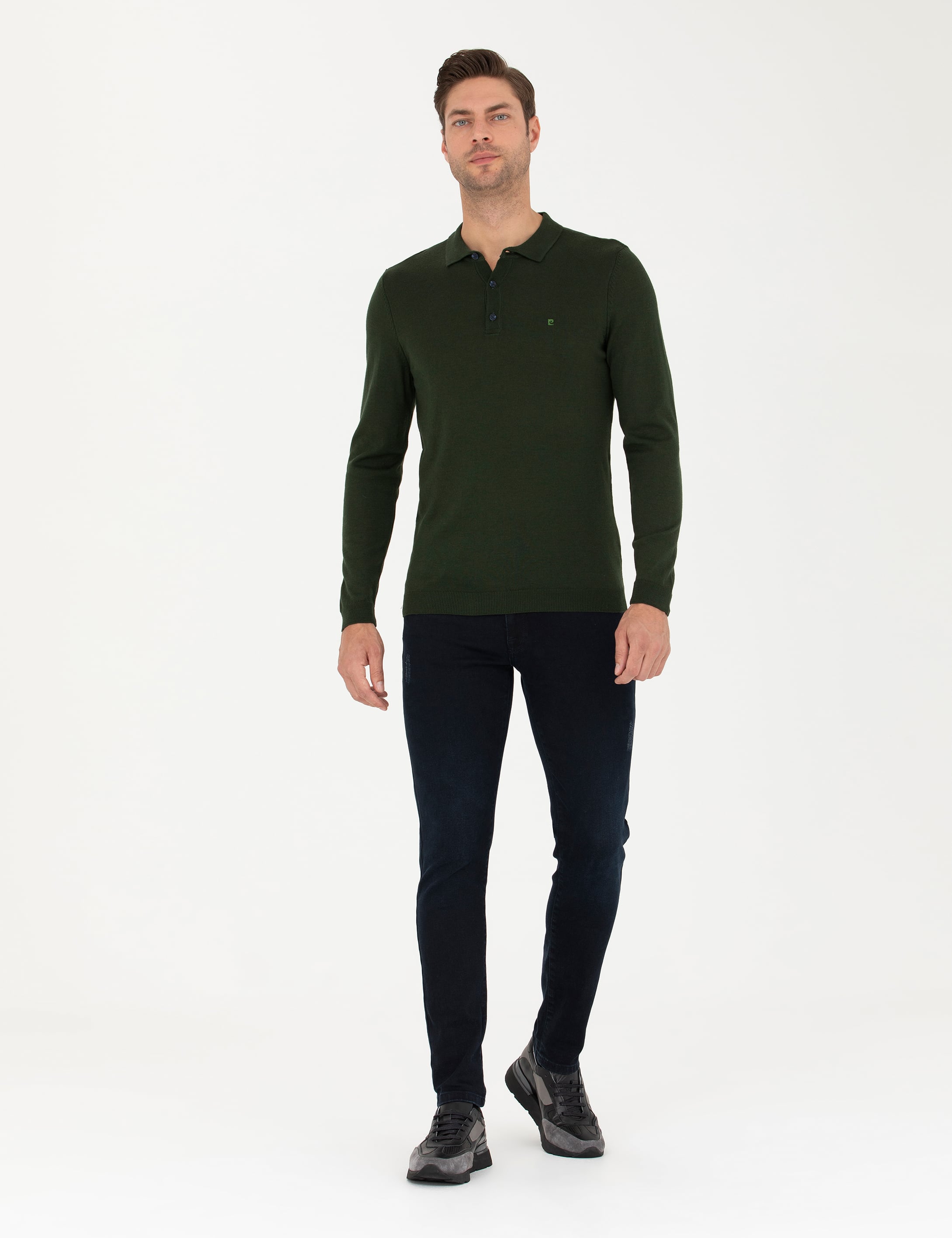 Koyu Yeşil Slim Fit Polo Yaka Basic Triko Kazak