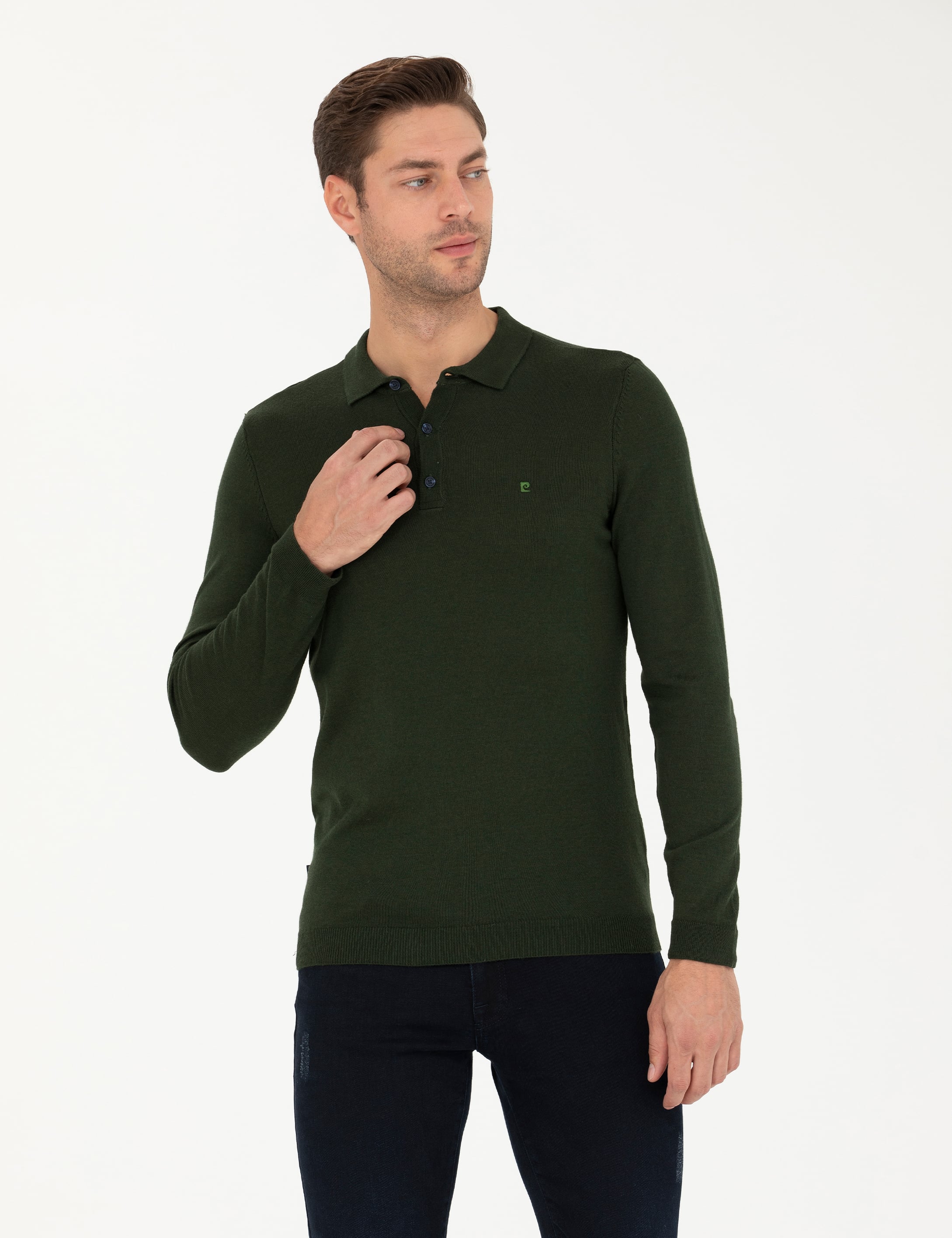 Koyu Yeşil Slim Fit Polo Yaka Basic Triko Kazak