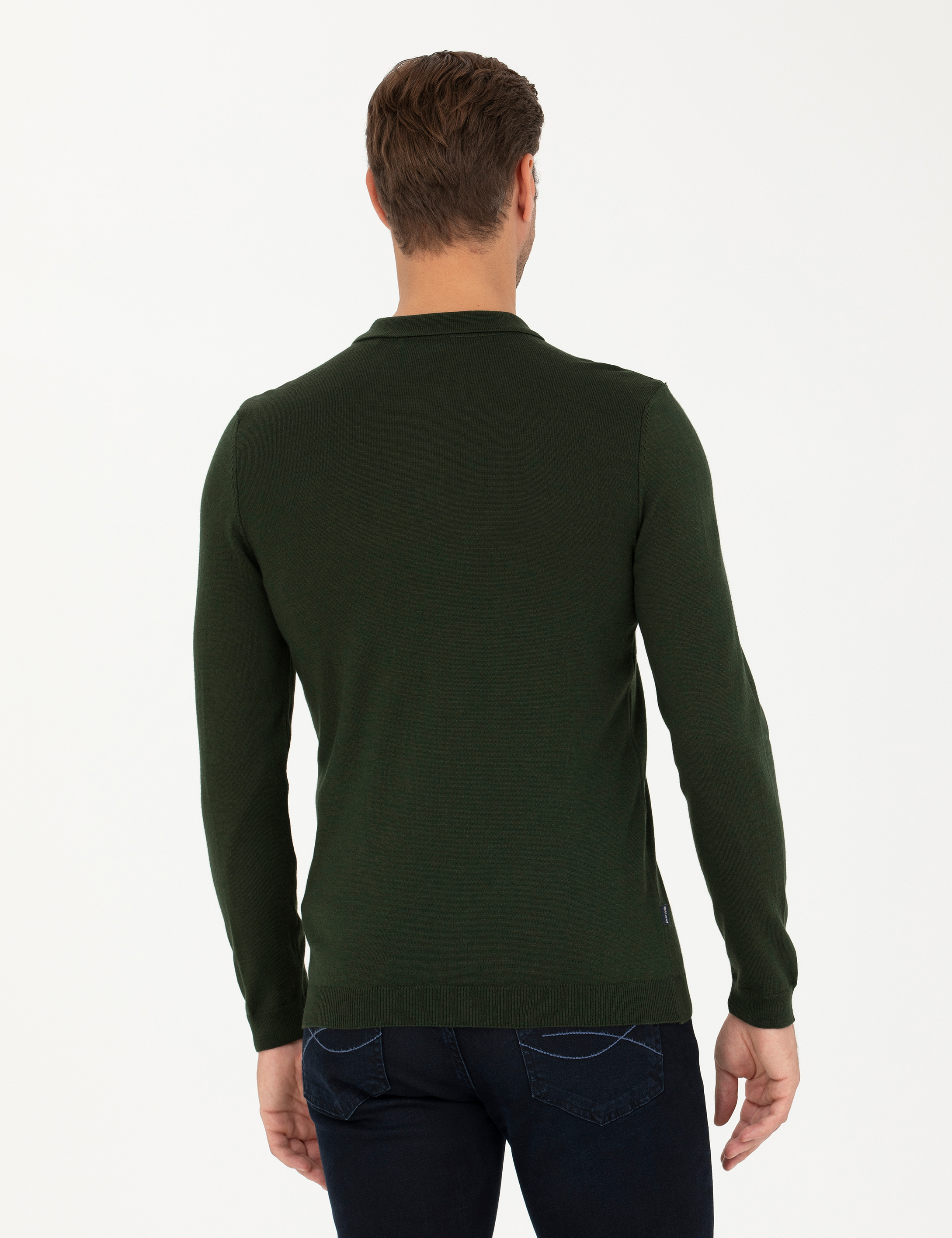 Koyu Yeşil Slim Fit Polo Yaka Basic Triko Kazak