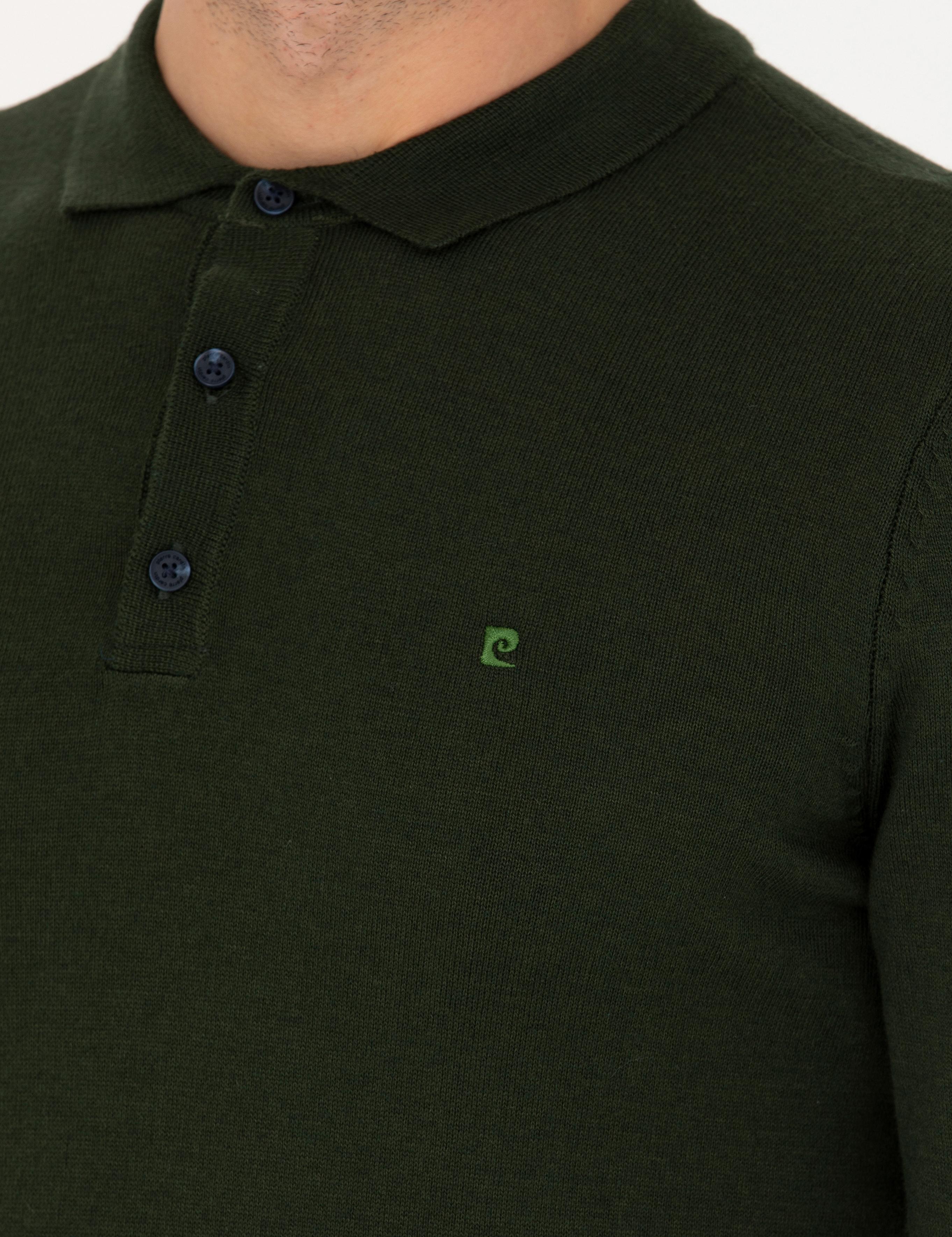 Koyu Yeşil Slim Fit Polo Yaka Basic Triko Kazak