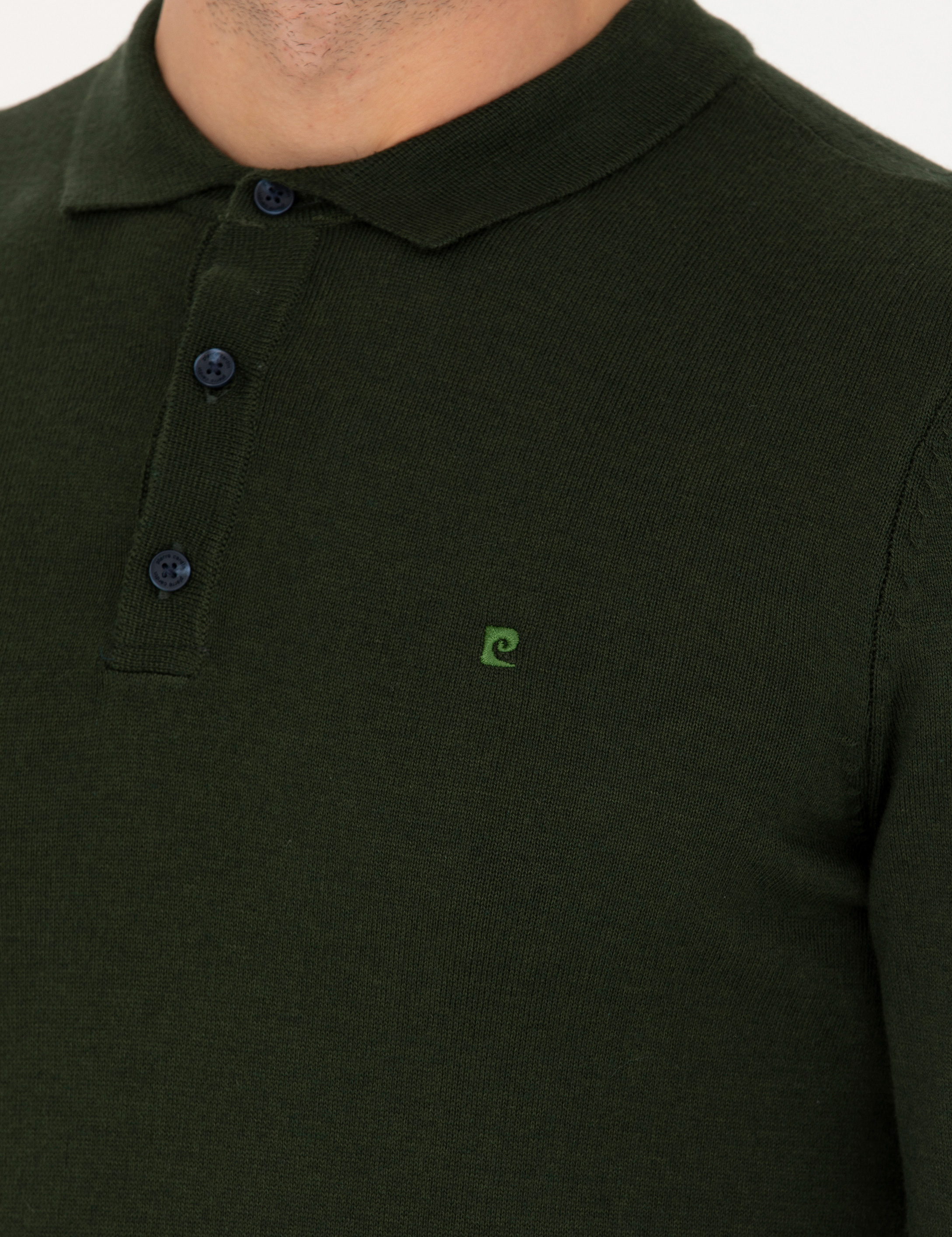 Koyu Yeşil Slim Fit Polo Yaka Basic Triko Kazak - Image 7