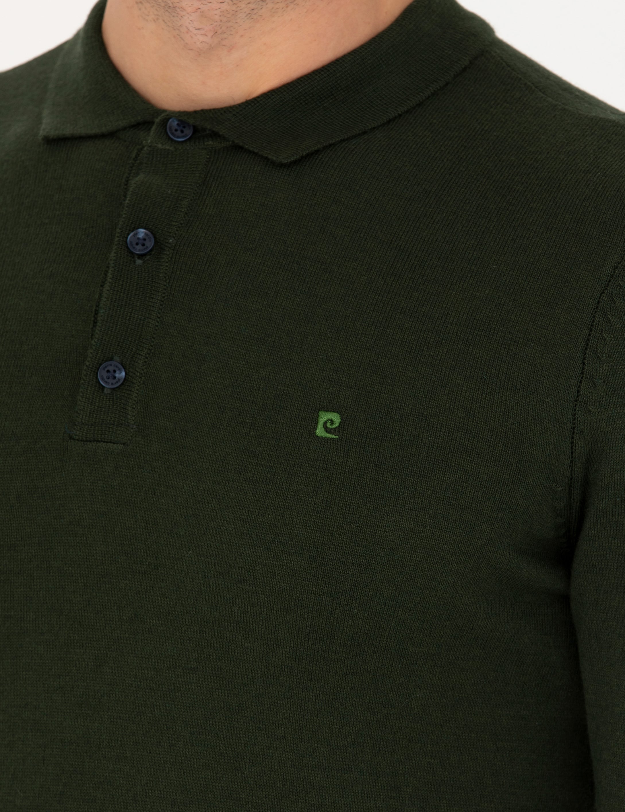 Koyu Yeşil Slim Fit Polo Yaka Basic Triko Kazak