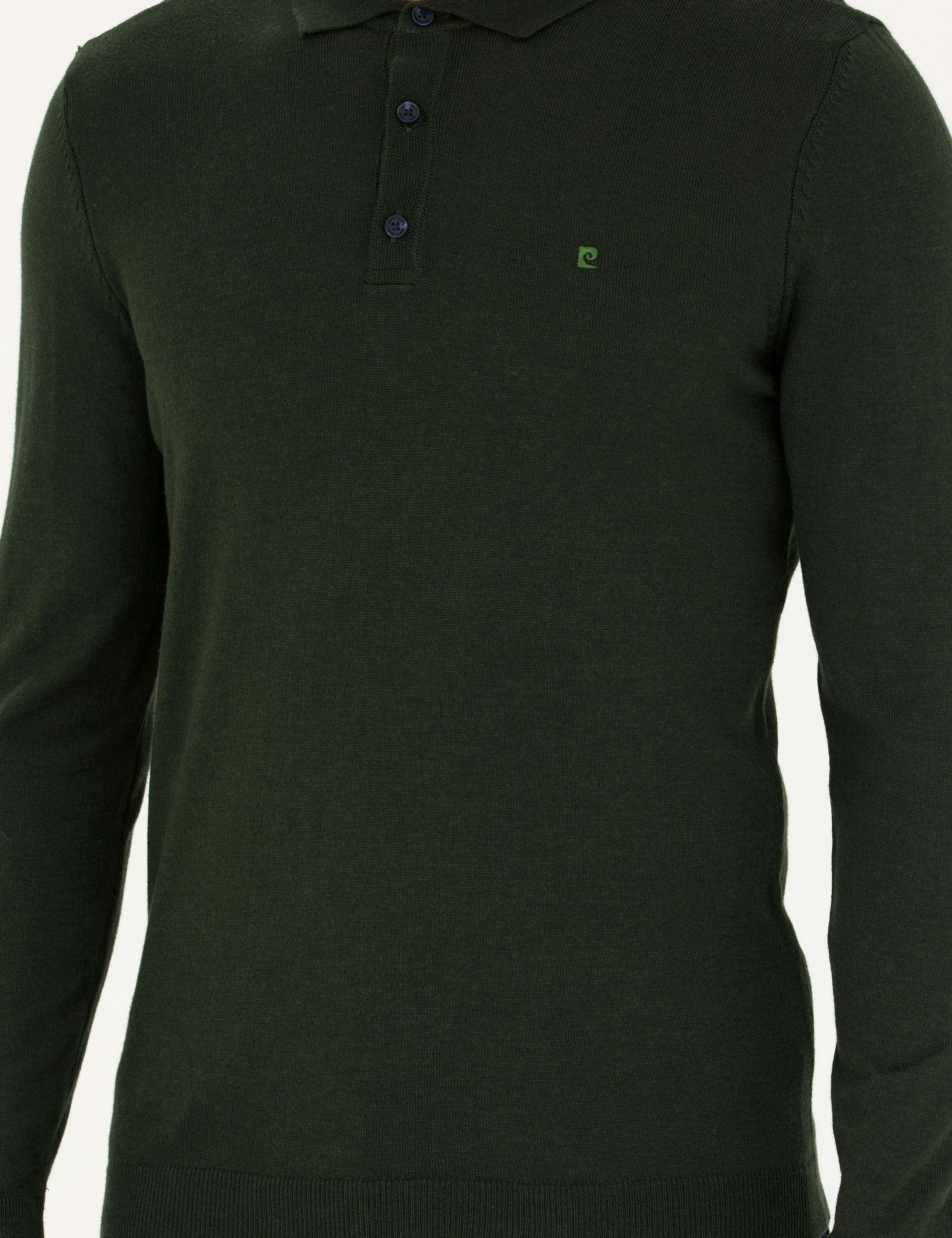 Koyu Yeşil Slim Fit Polo Yaka Basic Triko Kazak - Image 6