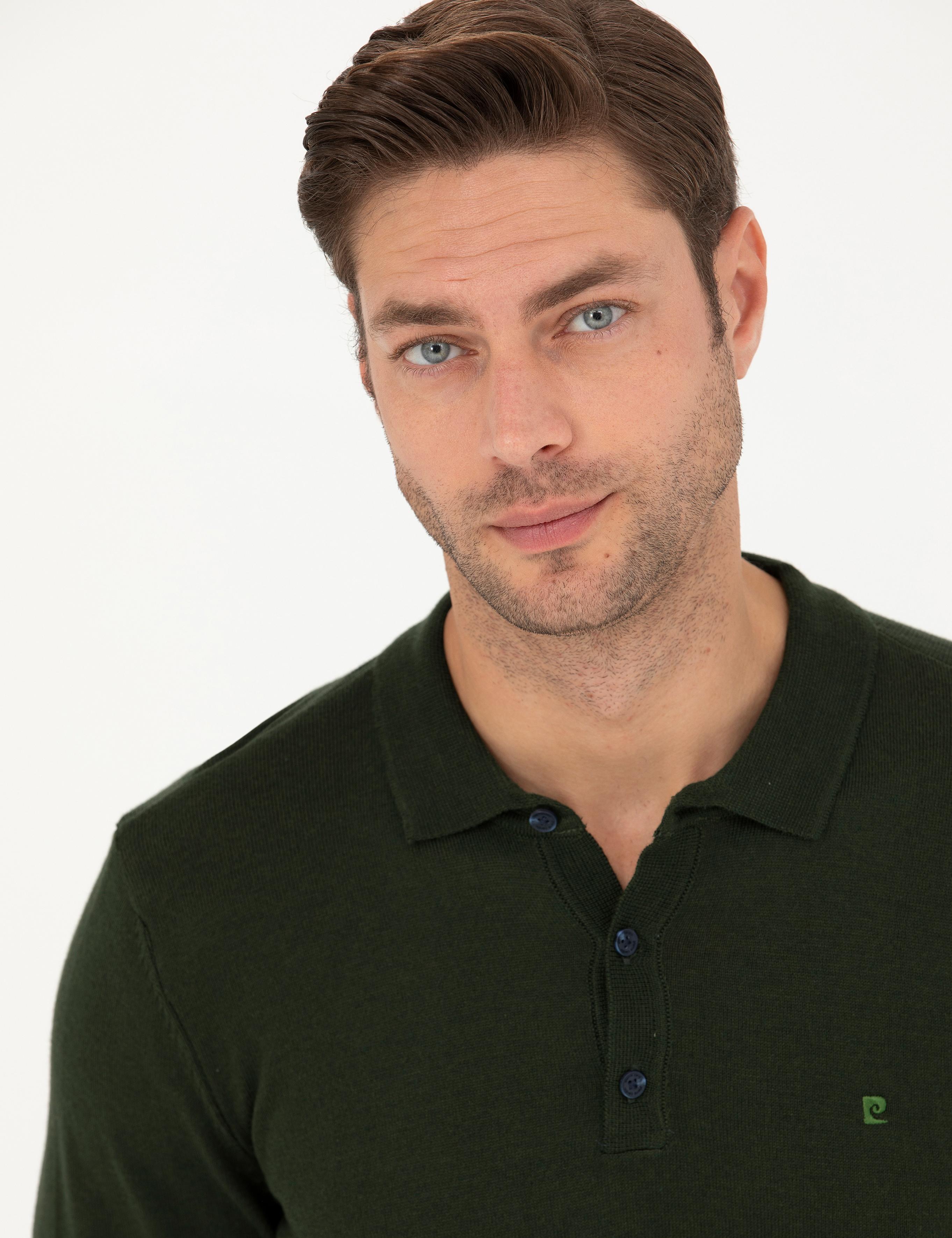 Koyu Yeşil Slim Fit Polo Yaka Basic Triko Kazak