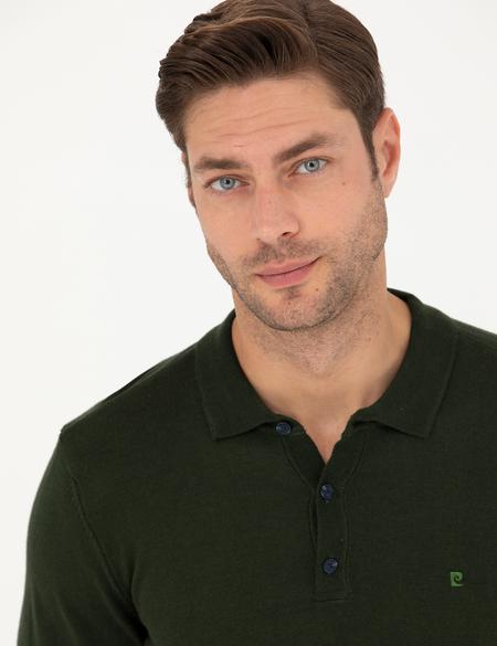 Koyu Yeşil Slim Fit Polo Yaka Basic Triko Kazak - 50276350021