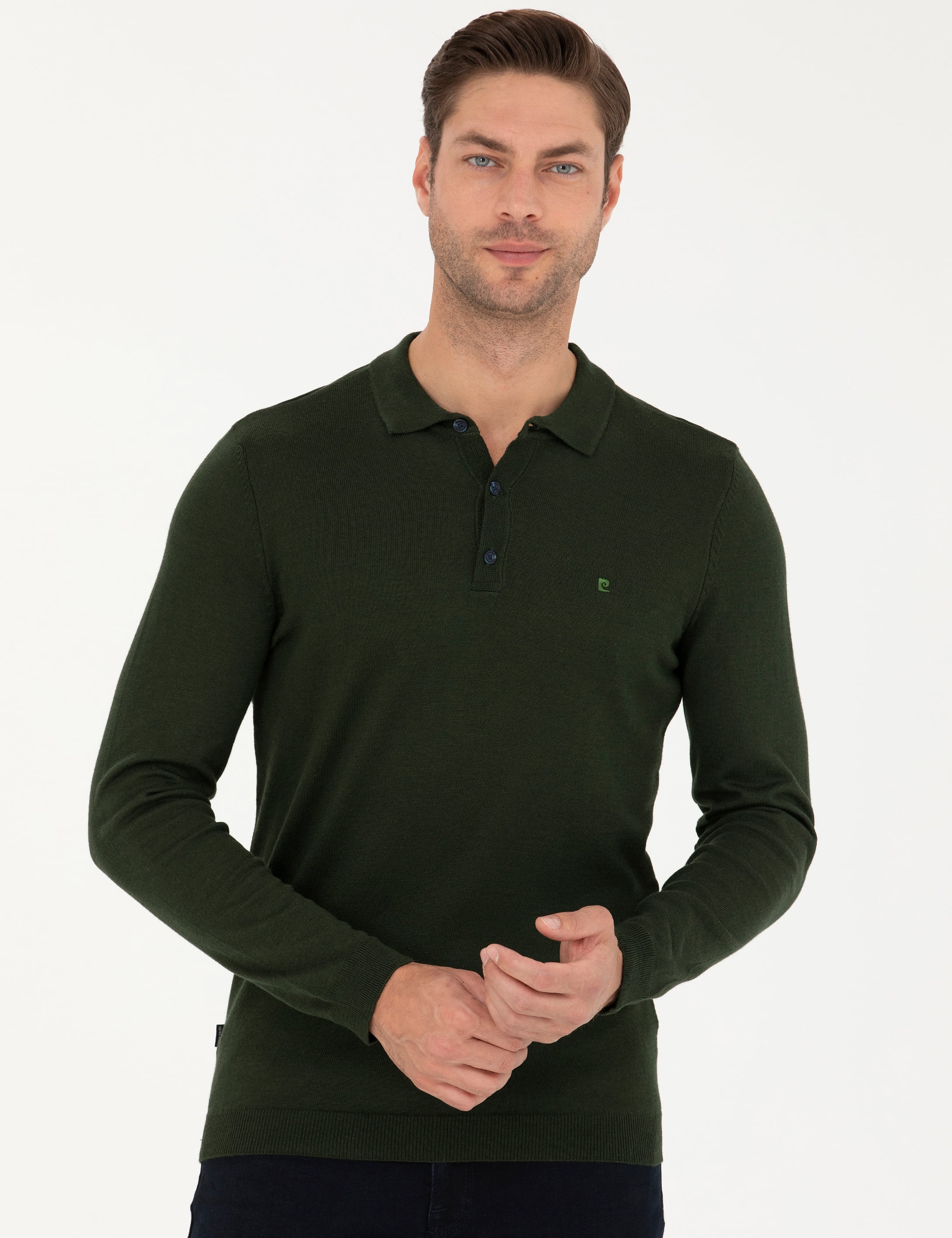 Koyu Yeşil Slim Fit Polo Yaka Basic Triko Kazak - Image 3