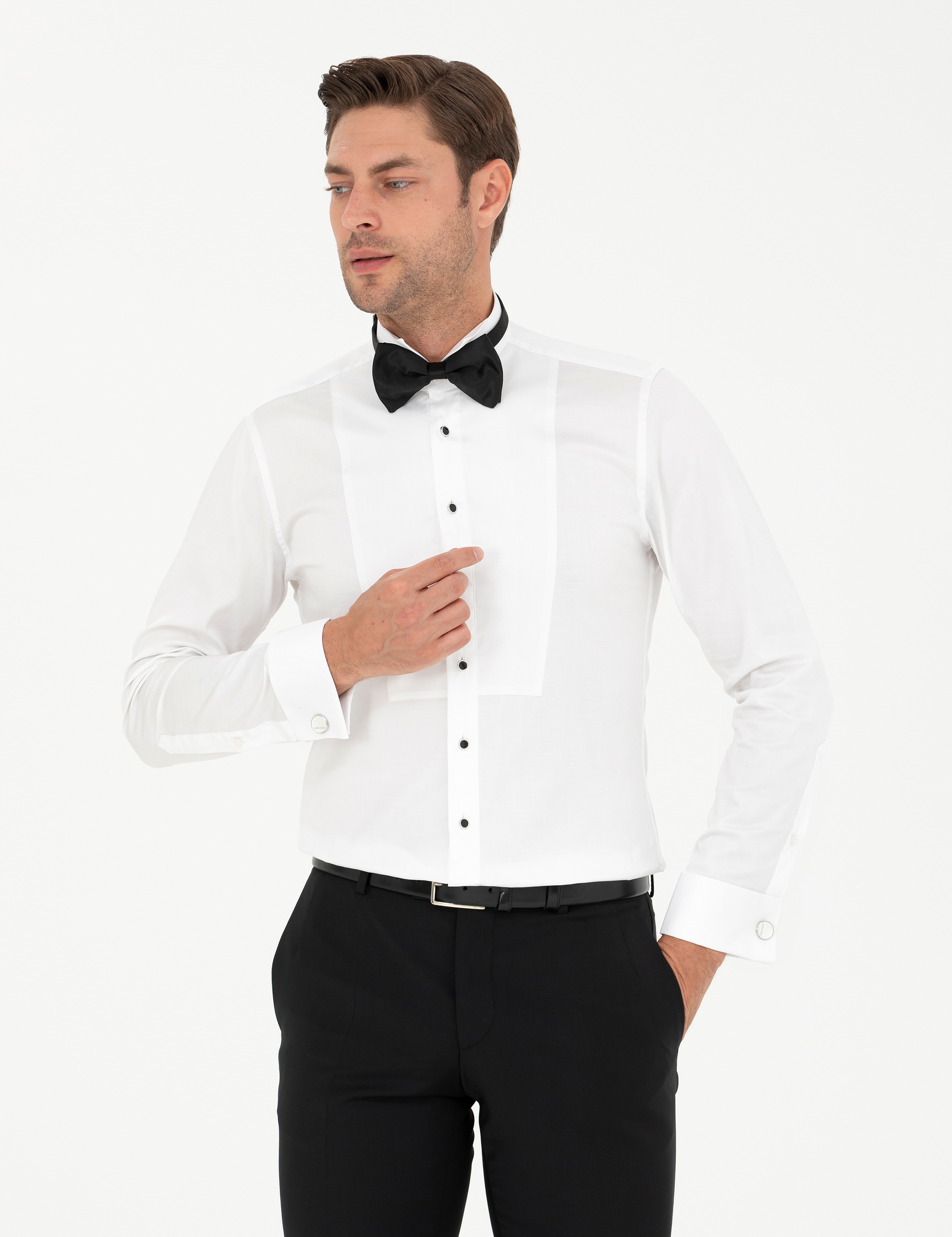 Beyaz Ekstra Slim Fit Smokin Gömlek - Image 3
