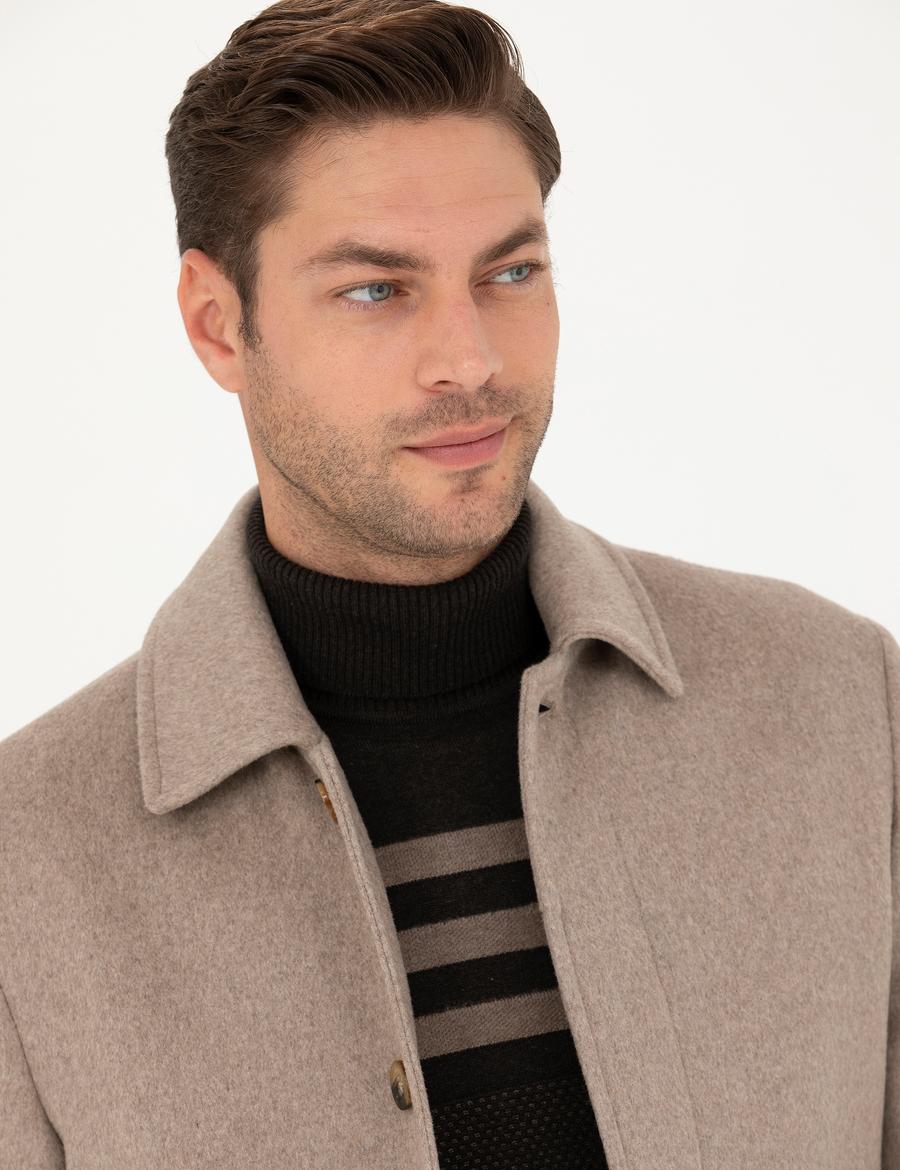 Açık Kahverengi Yün Karışımlı Slim Fit Kaşe Kaban