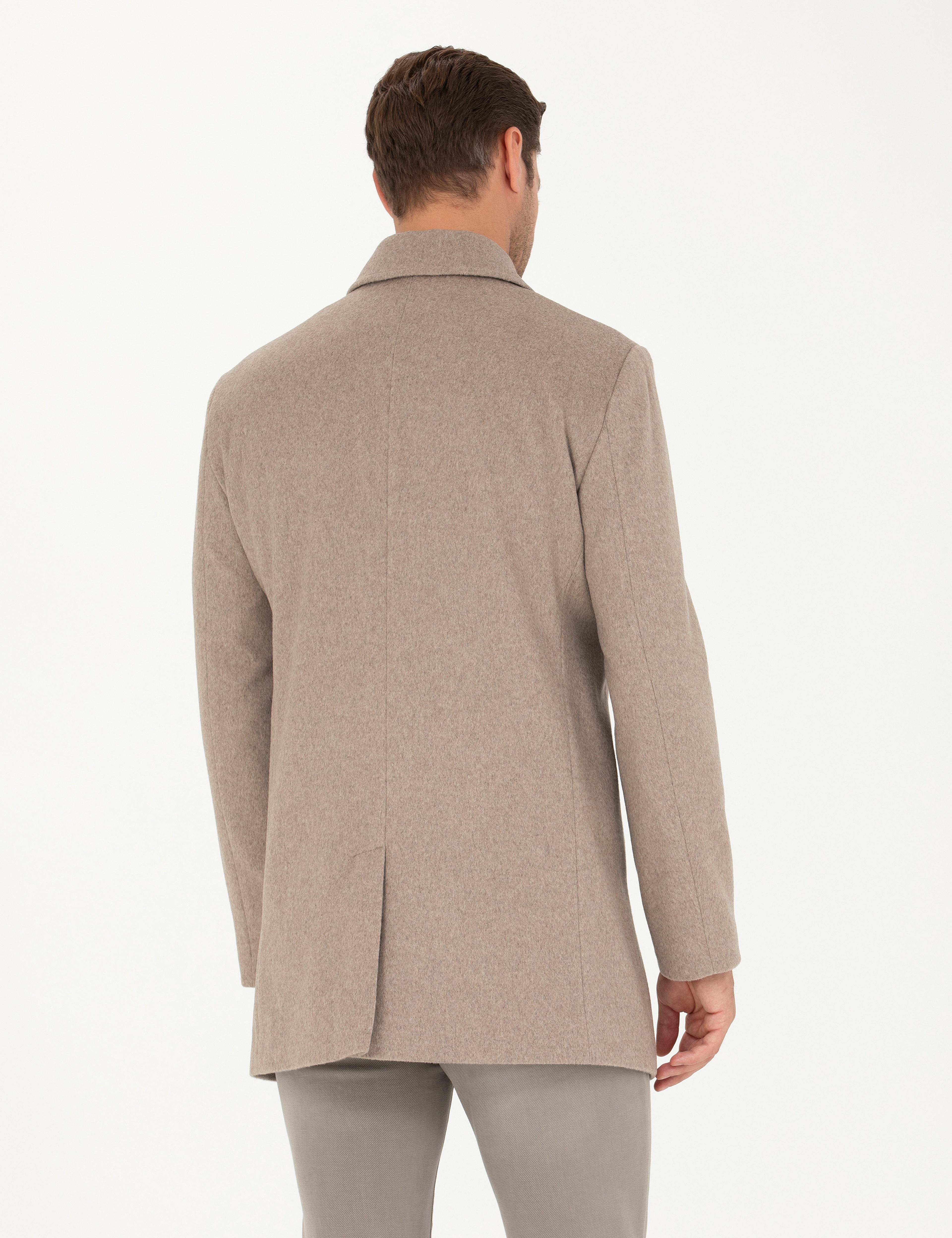 Açık Kahverengi Yün Karışımlı Slim Fit Kaşe Kaban - Image 5