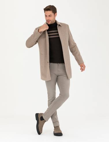 Açık Kahverengi Yün Karışımlı Slim Fit Kaşe Kaban