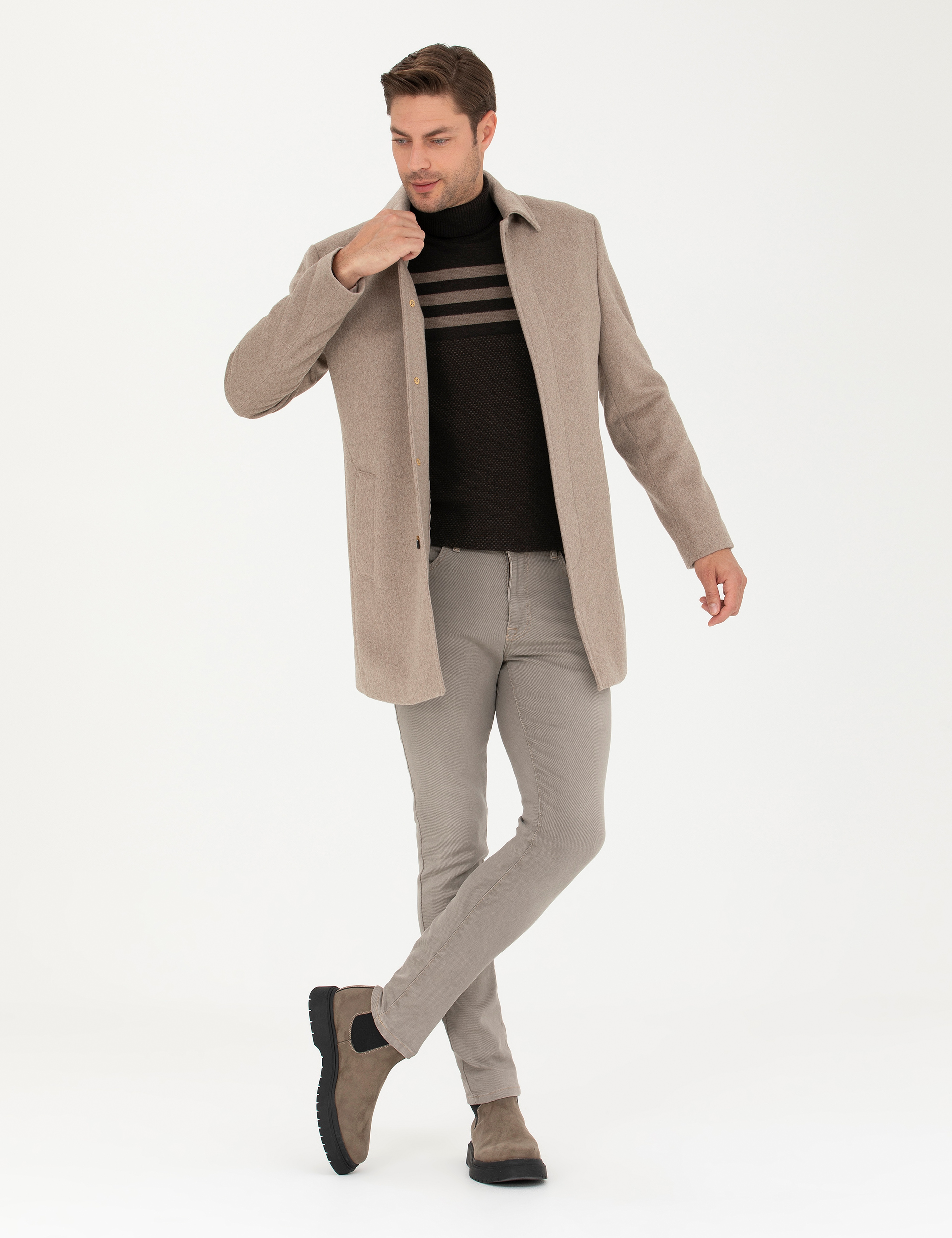 Açık Kahverengi Yün Karışımlı Slim Fit Kaşe Kaban - Image 4