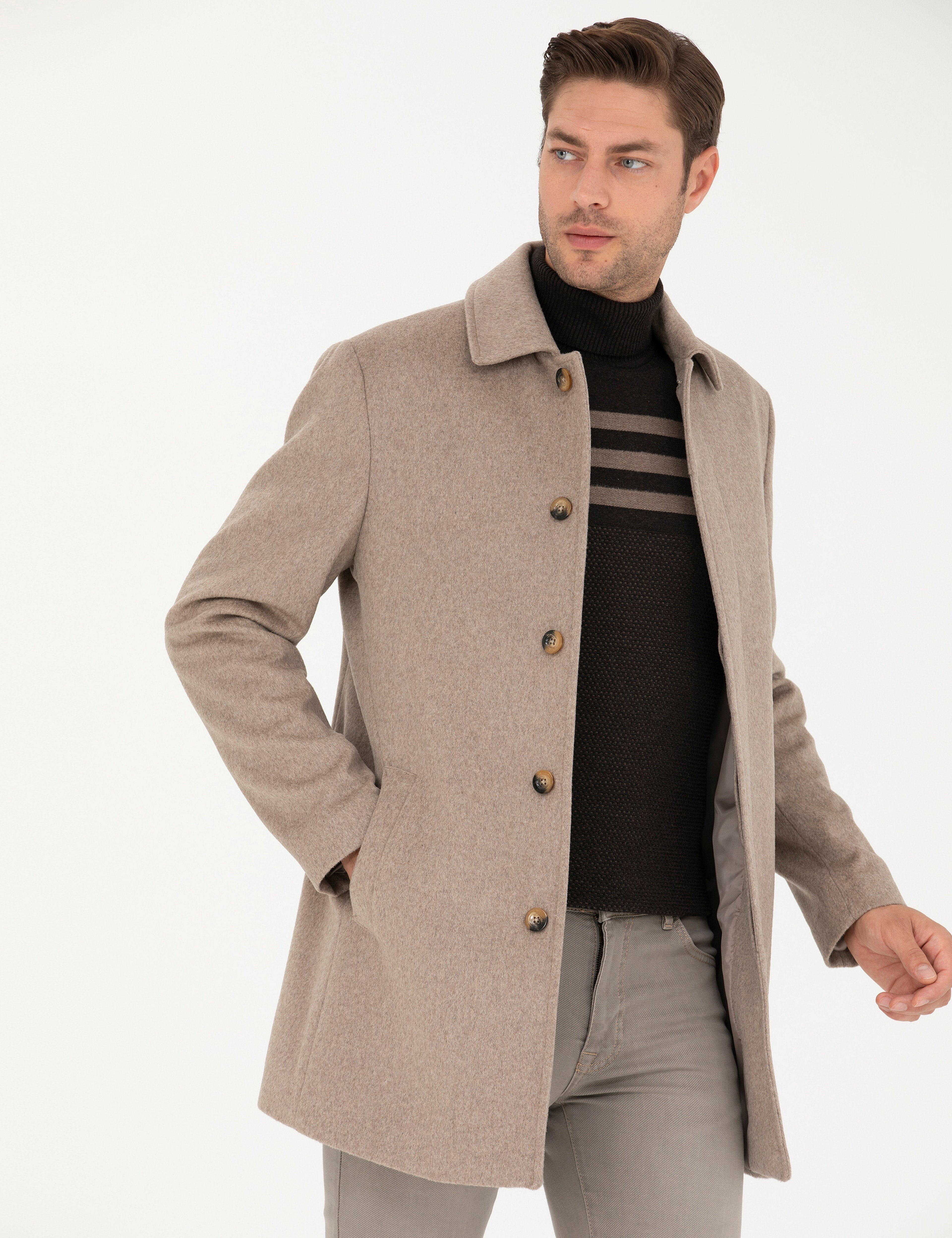 Açık Kahverengi Yün Karışımlı Slim Fit Kaşe Kaban - Image 1