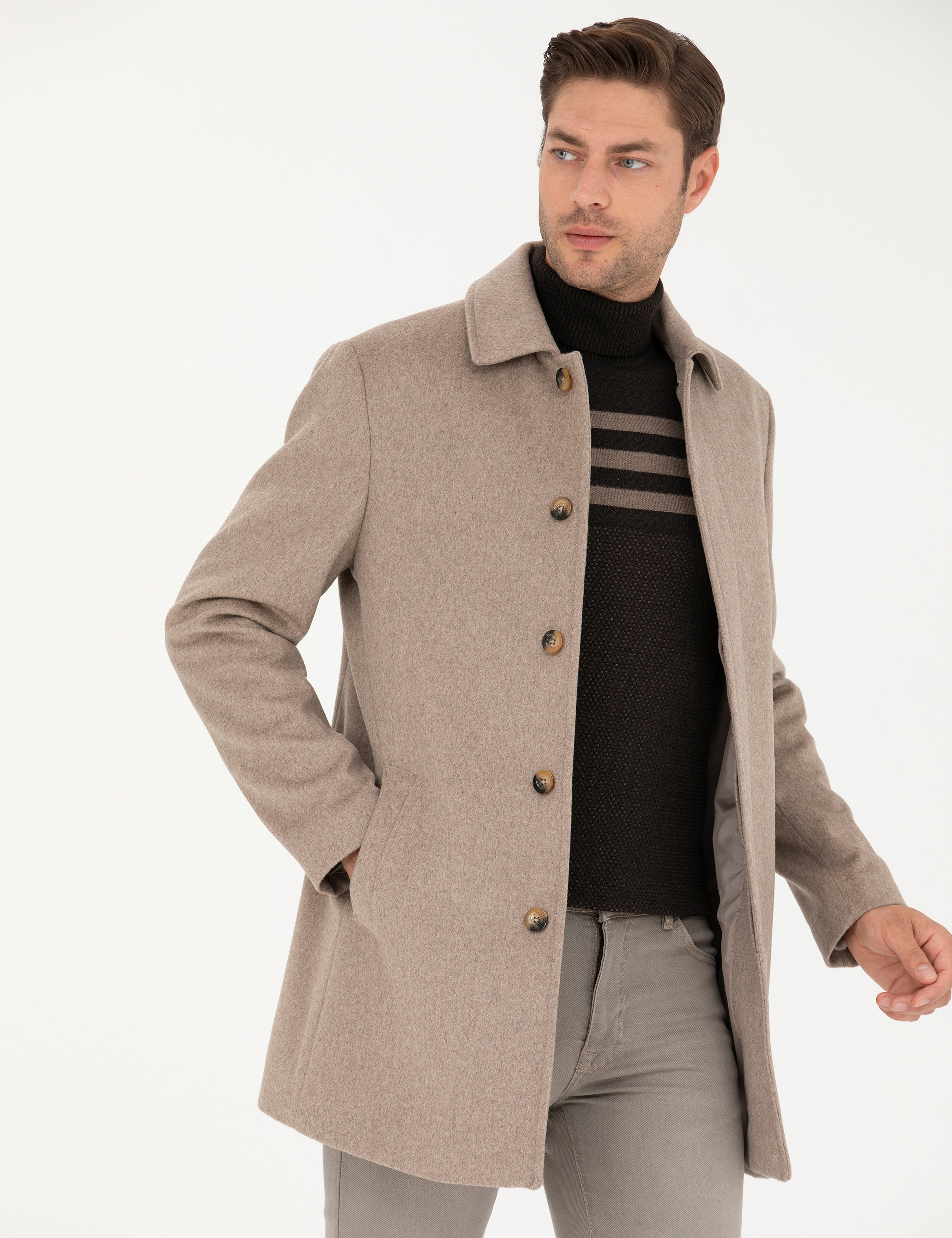 Açık Kahverengi Yün Karışımlı Slim Fit Kaşe Kaban