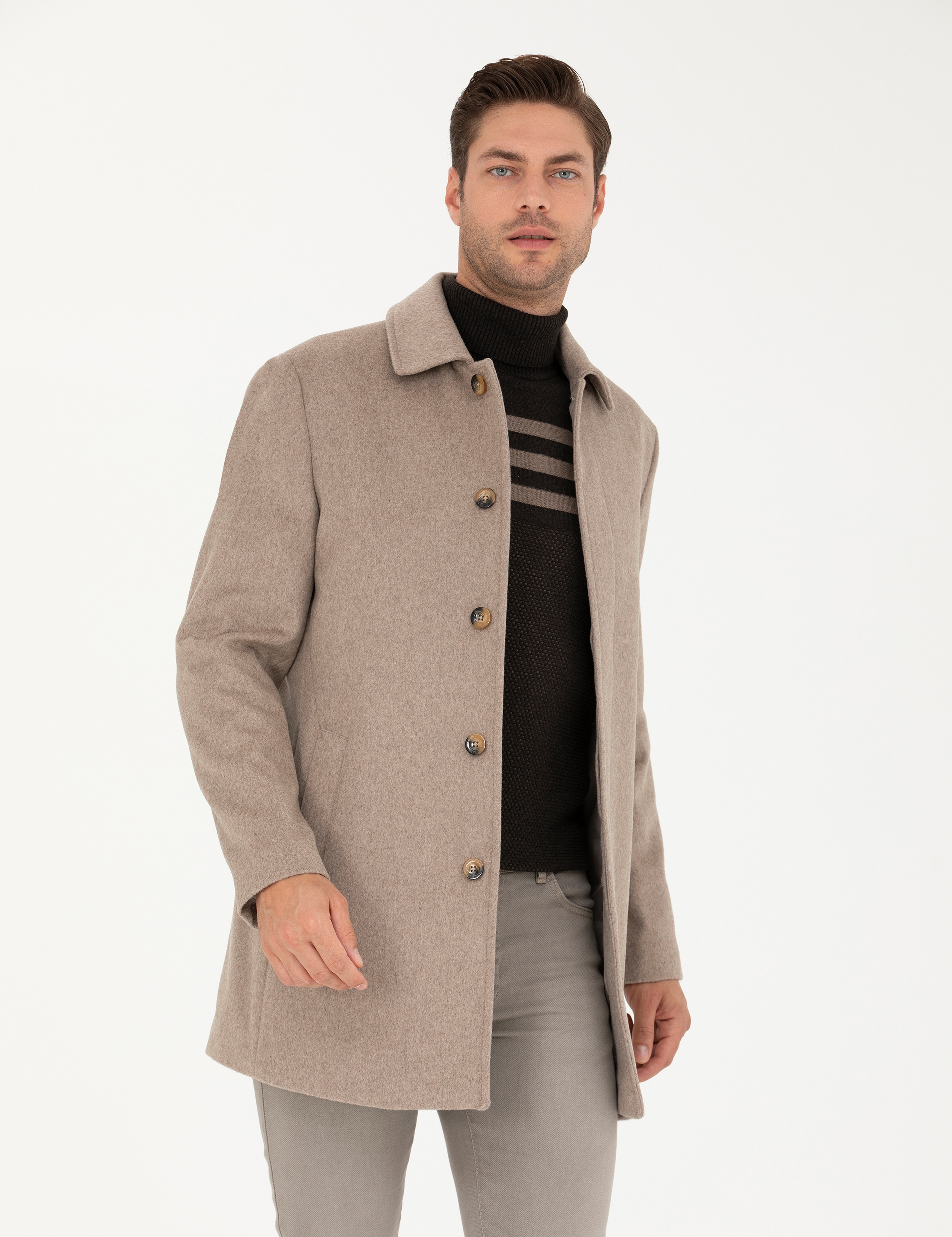Açık Kahverengi Yün Karışımlı Slim Fit Kaşe Kaban - Image 3