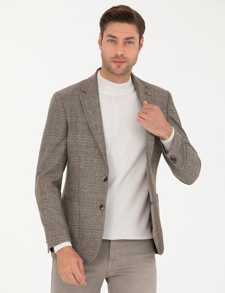 Açık Kahverengi Slim Fit Yün Kaşmir Karışımlı Ceket - 50273160086