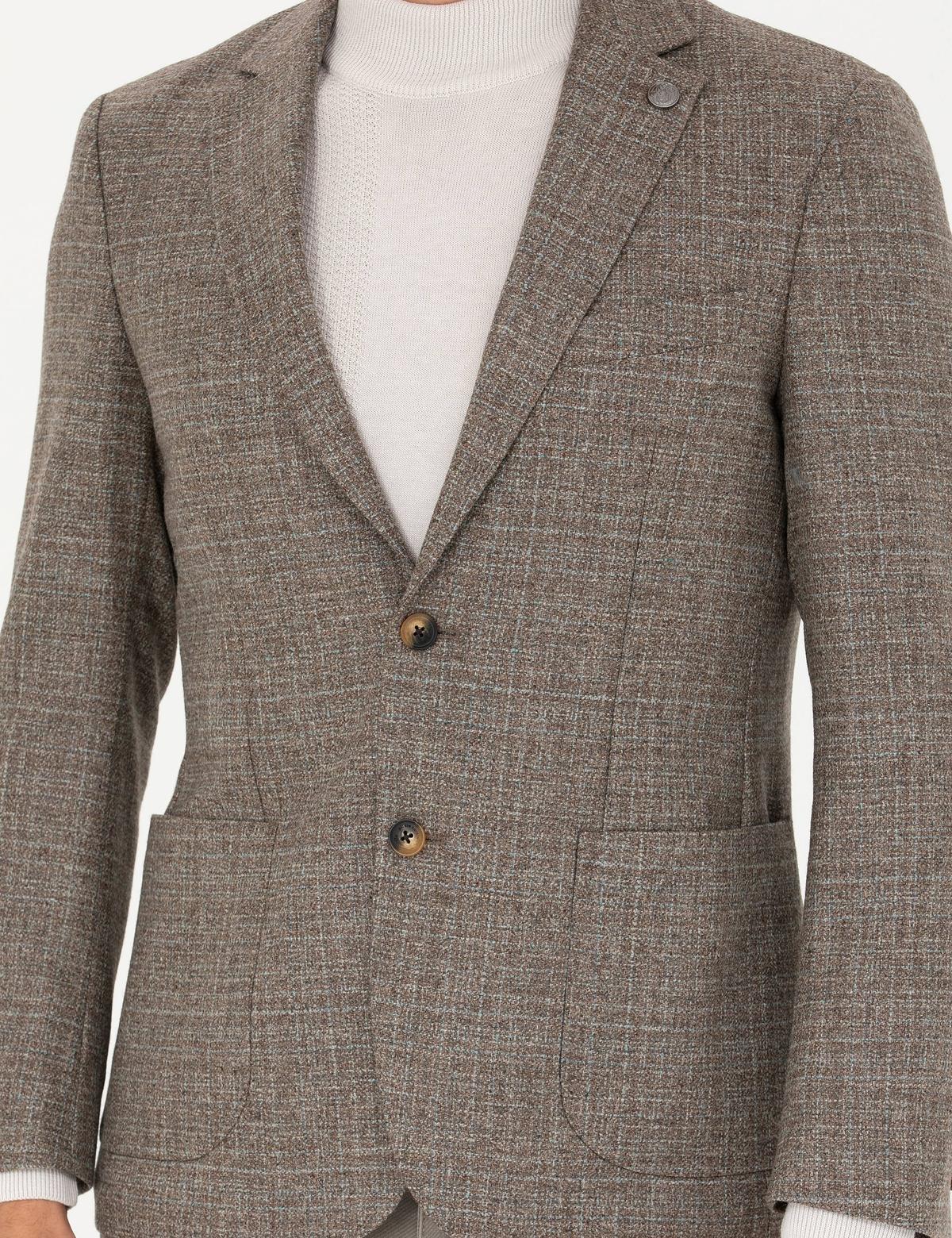 Açık Kahverengi Slim Fit Yün Kaşmir Karışımlı Ceket - 50273160086