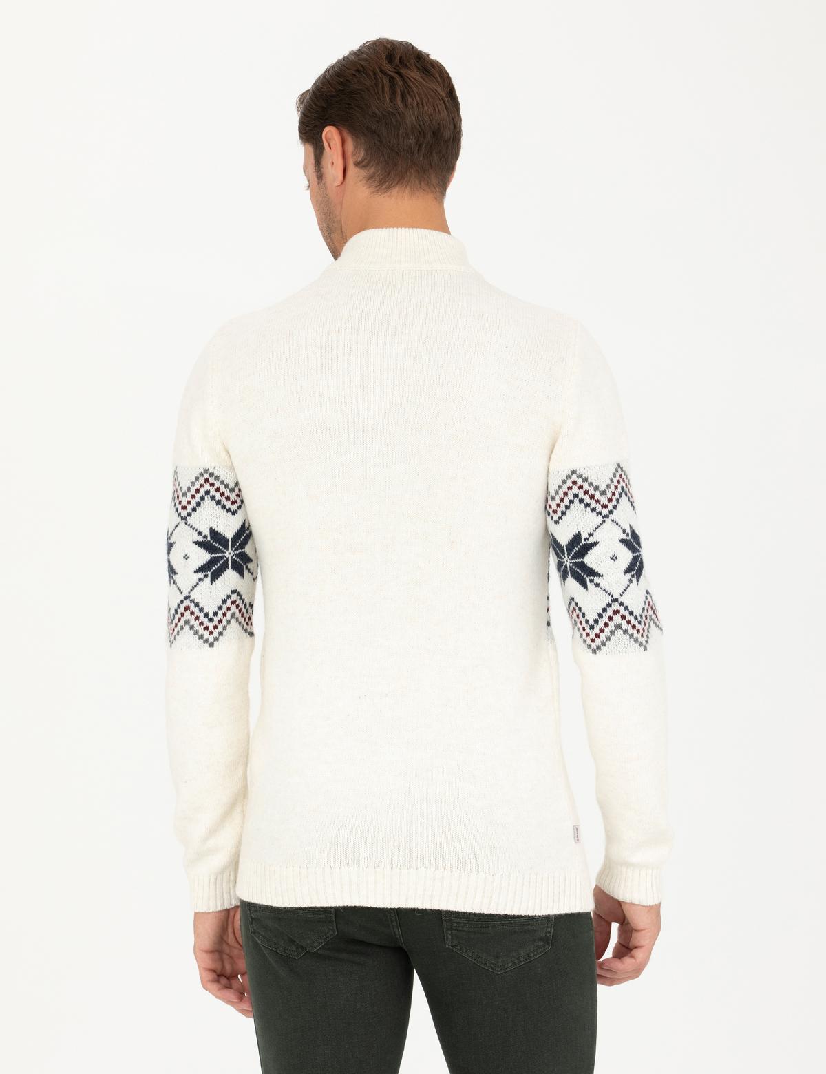 Ekru Slim Fit Fermuarlı Polo Yaka Triko Kazak - 50279502001