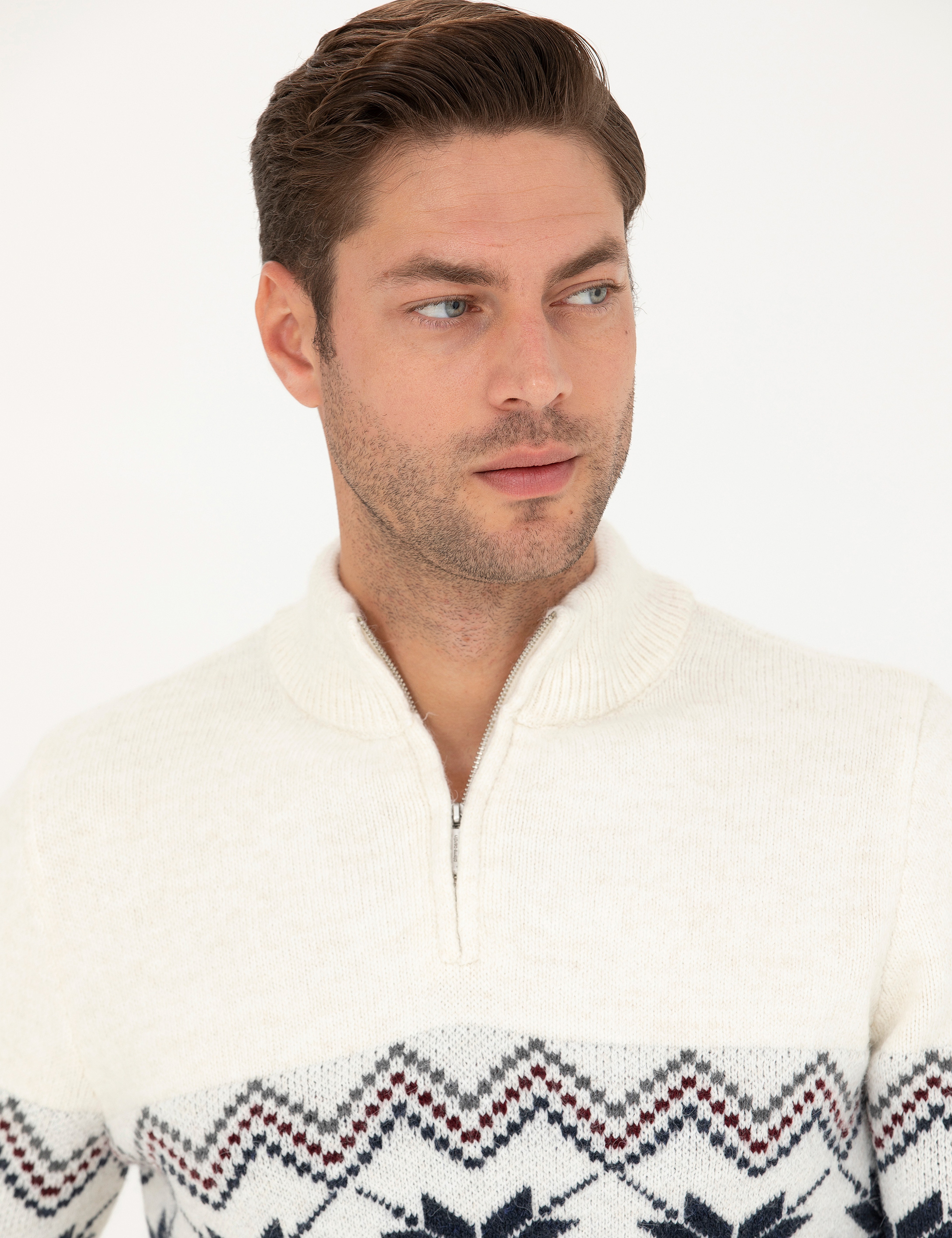 Ekru Slim Fit Fermuarlı Polo Yaka Triko Kazak - Image 2