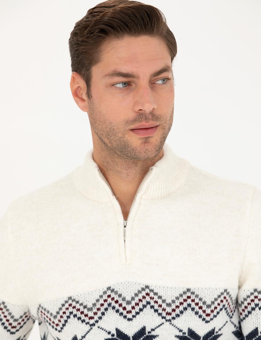 Ekru Slim Fit Fermuarlı Polo Yaka Triko Kazak