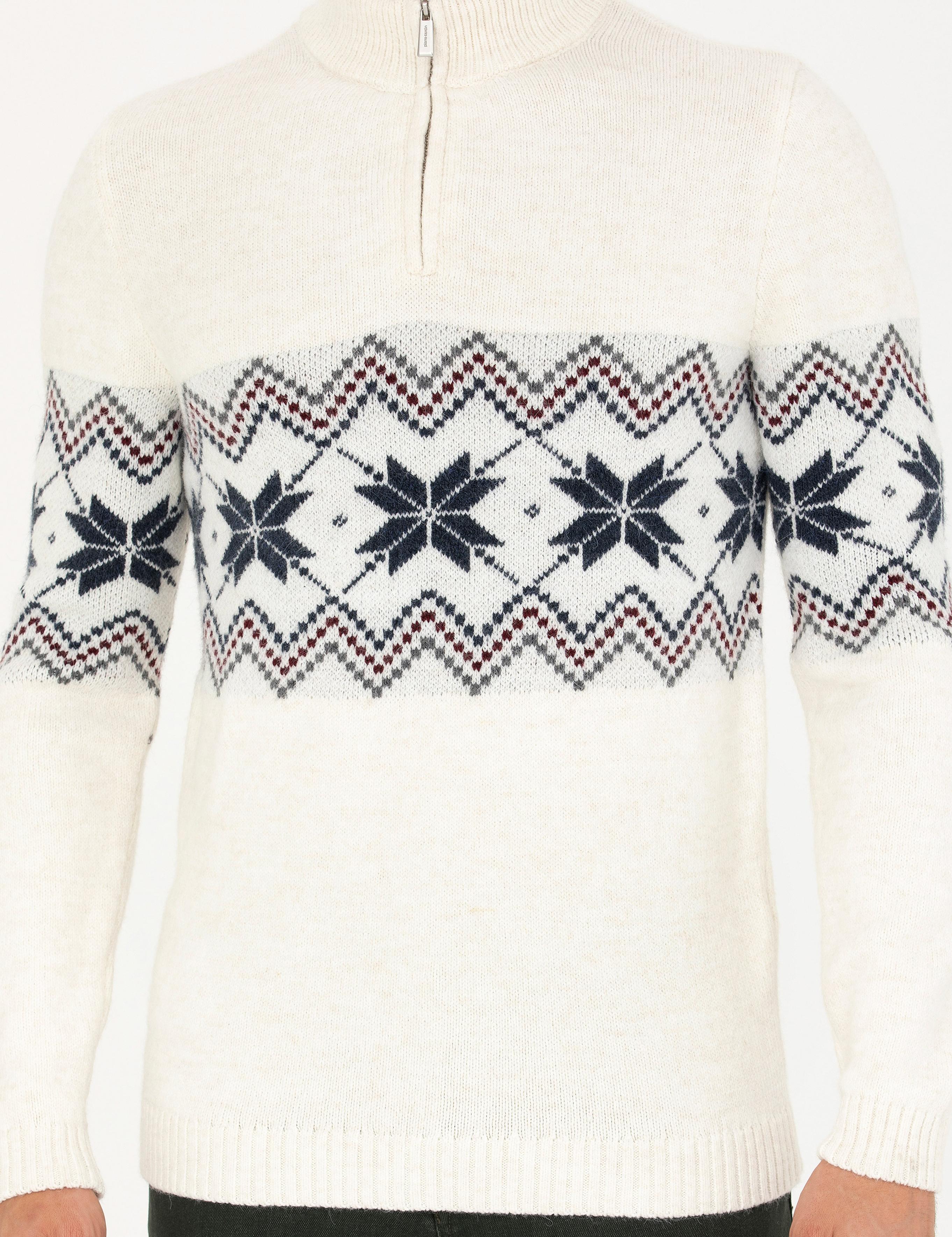 Ekru Slim Fit Fermuarlı Polo Yaka Triko Kazak