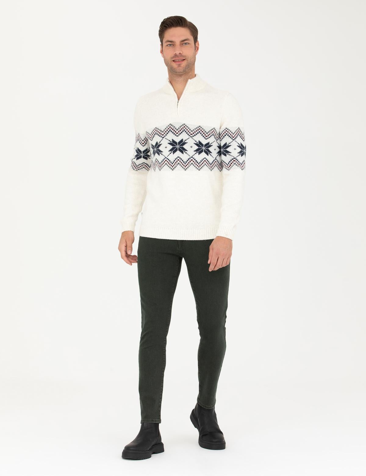 Ekru Slim Fit Fermuarlı Polo Yaka Triko Kazak - 50279502001