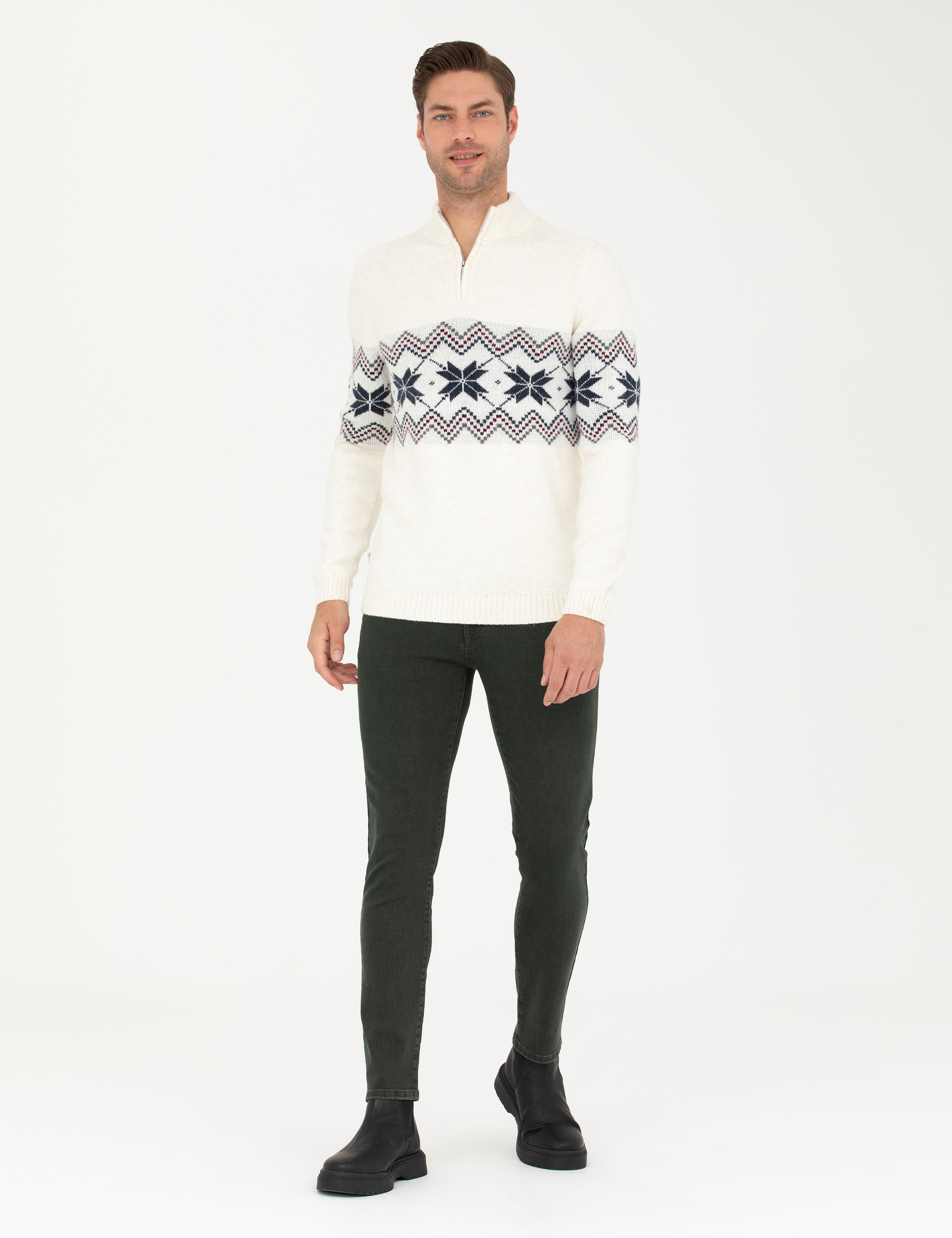 Ekru Slim Fit Fermuarlı Polo Yaka Triko Kazak