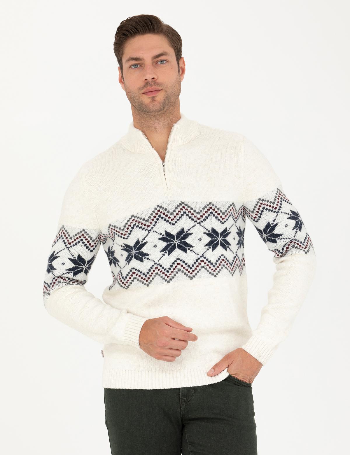 Ekru Slim Fit Fermuarlı Polo Yaka Triko Kazak - 50279502001