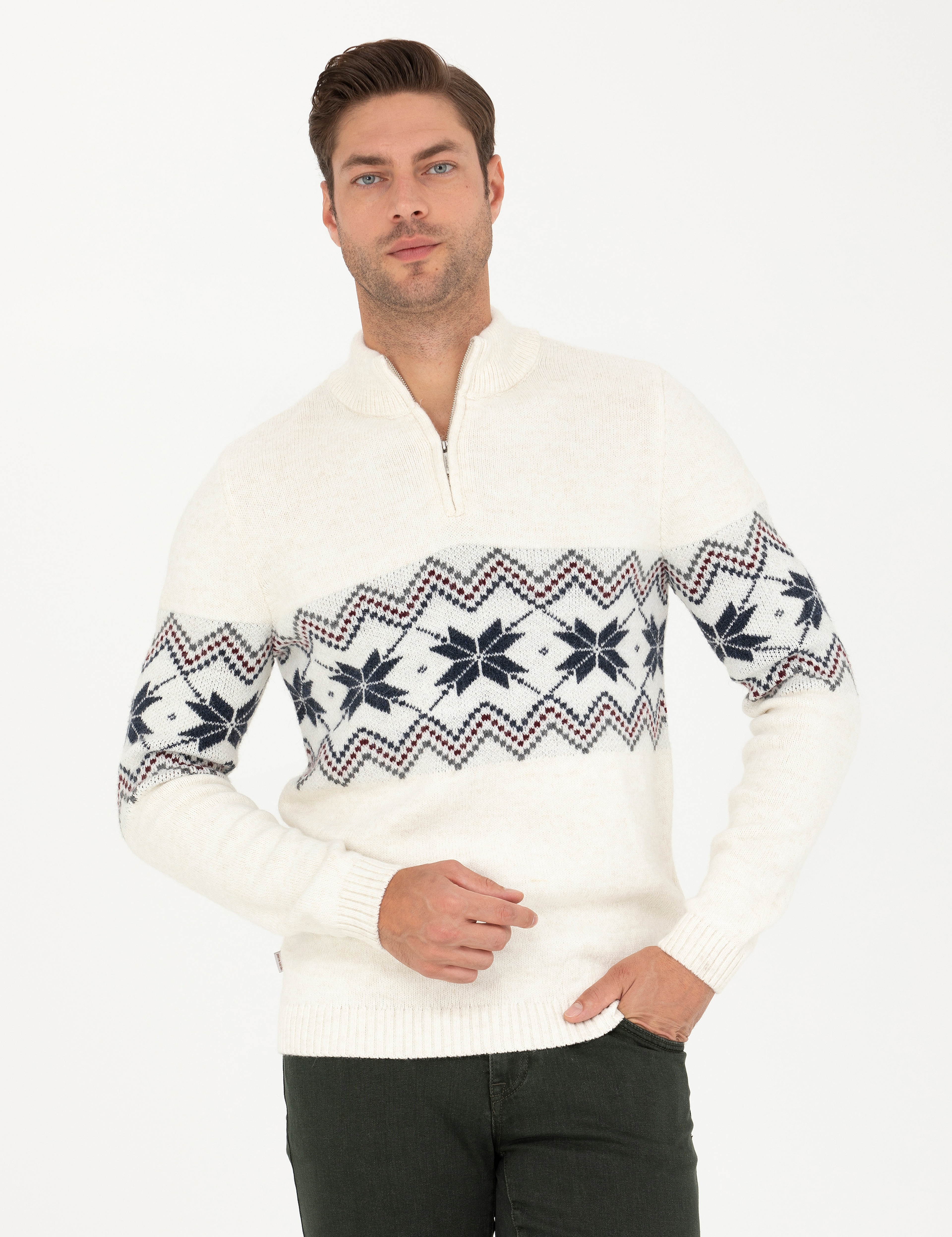 Ekru Slim Fit Fermuarlı Polo Yaka Triko Kazak - Image 3