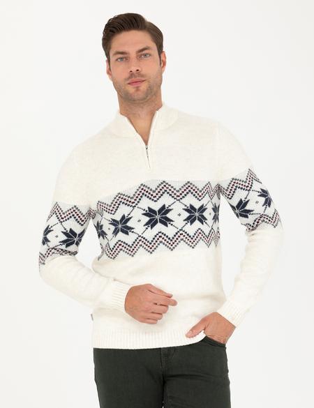 Ekru Slim Fit Fermuarlı Polo Yaka Triko Kazak - 50279502001