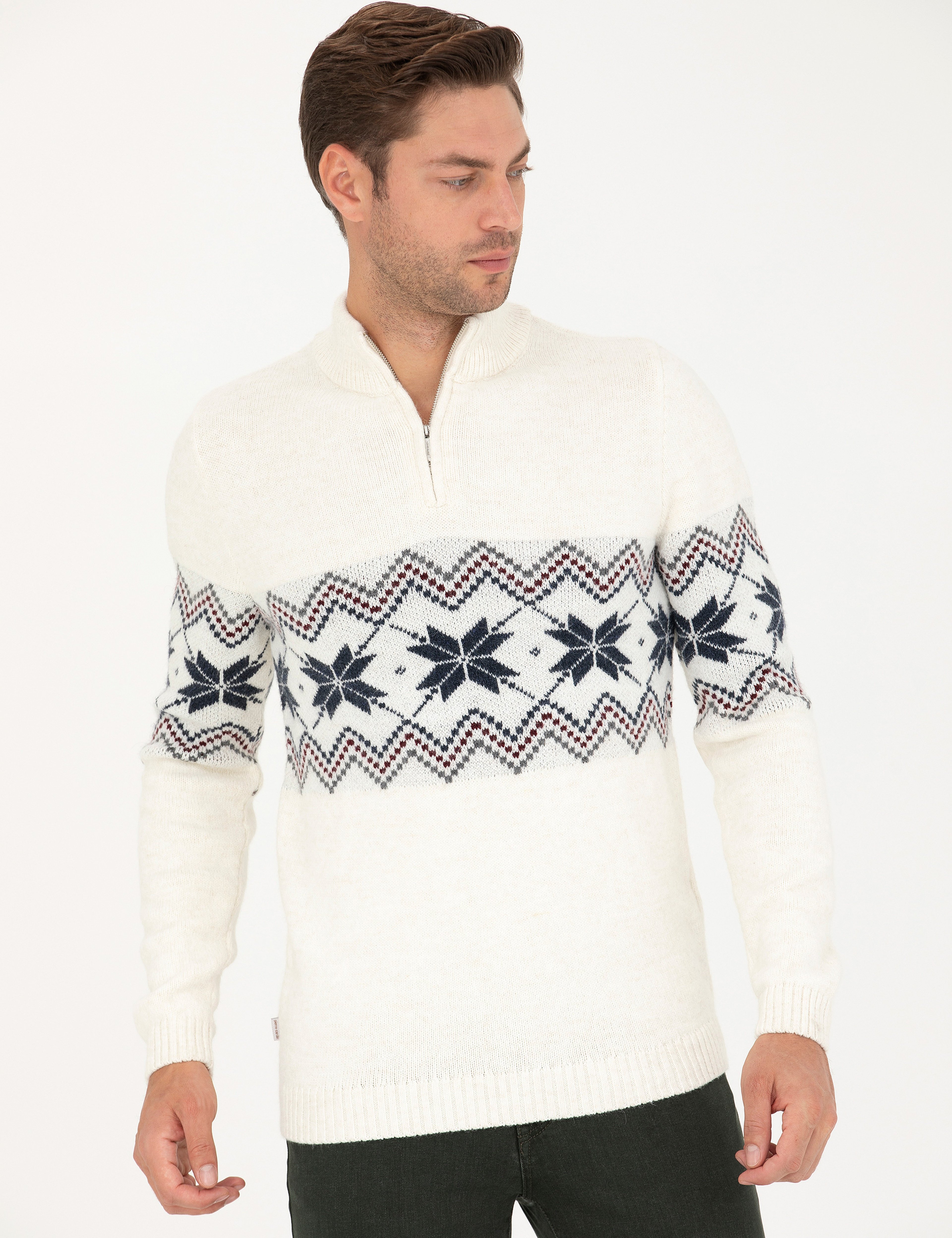 Ekru Slim Fit Fermuarlı Polo Yaka Triko Kazak - Image 1