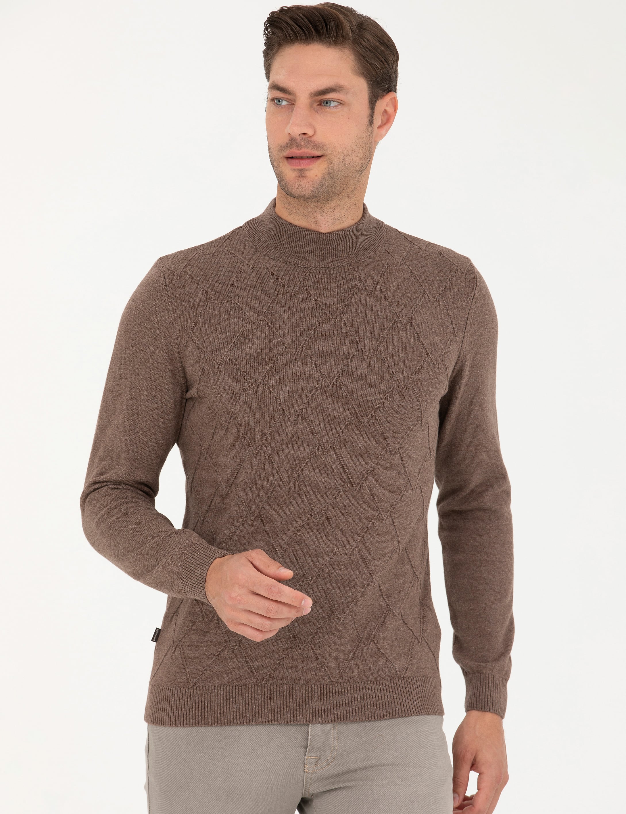Camel Melanj Slim Fit Yarım Balıkçı Yaka Triko Kazak