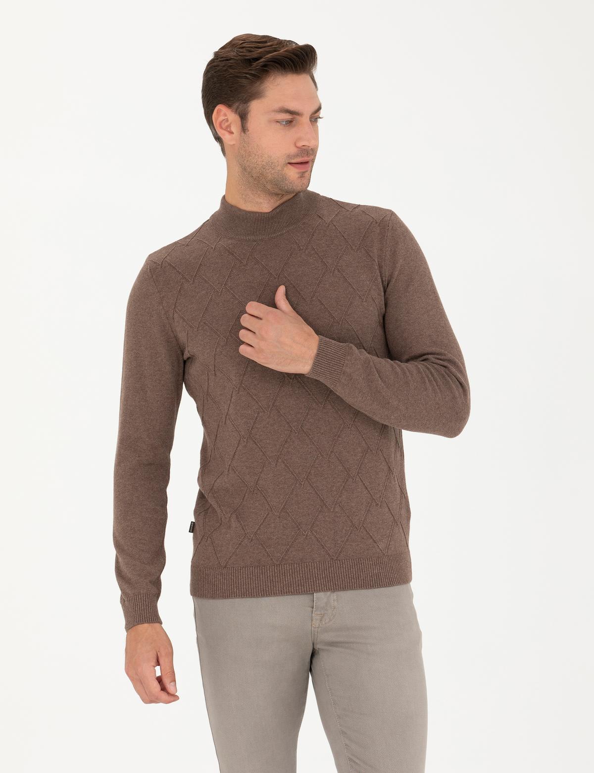 Camel Melanj Slim Fit Yarım Balıkçı Yaka Triko Kazak - 50281852001