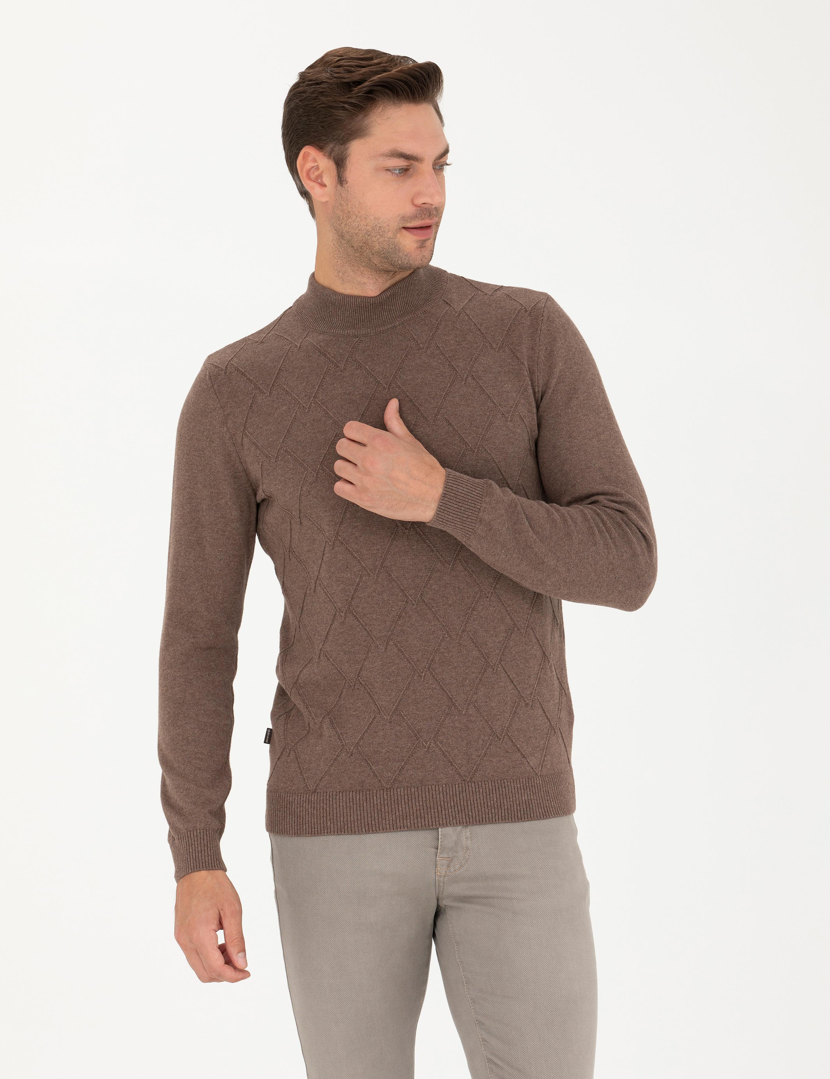 Camel Melanj Slim Fit Yarım Balıkçı Yaka Triko Kazak