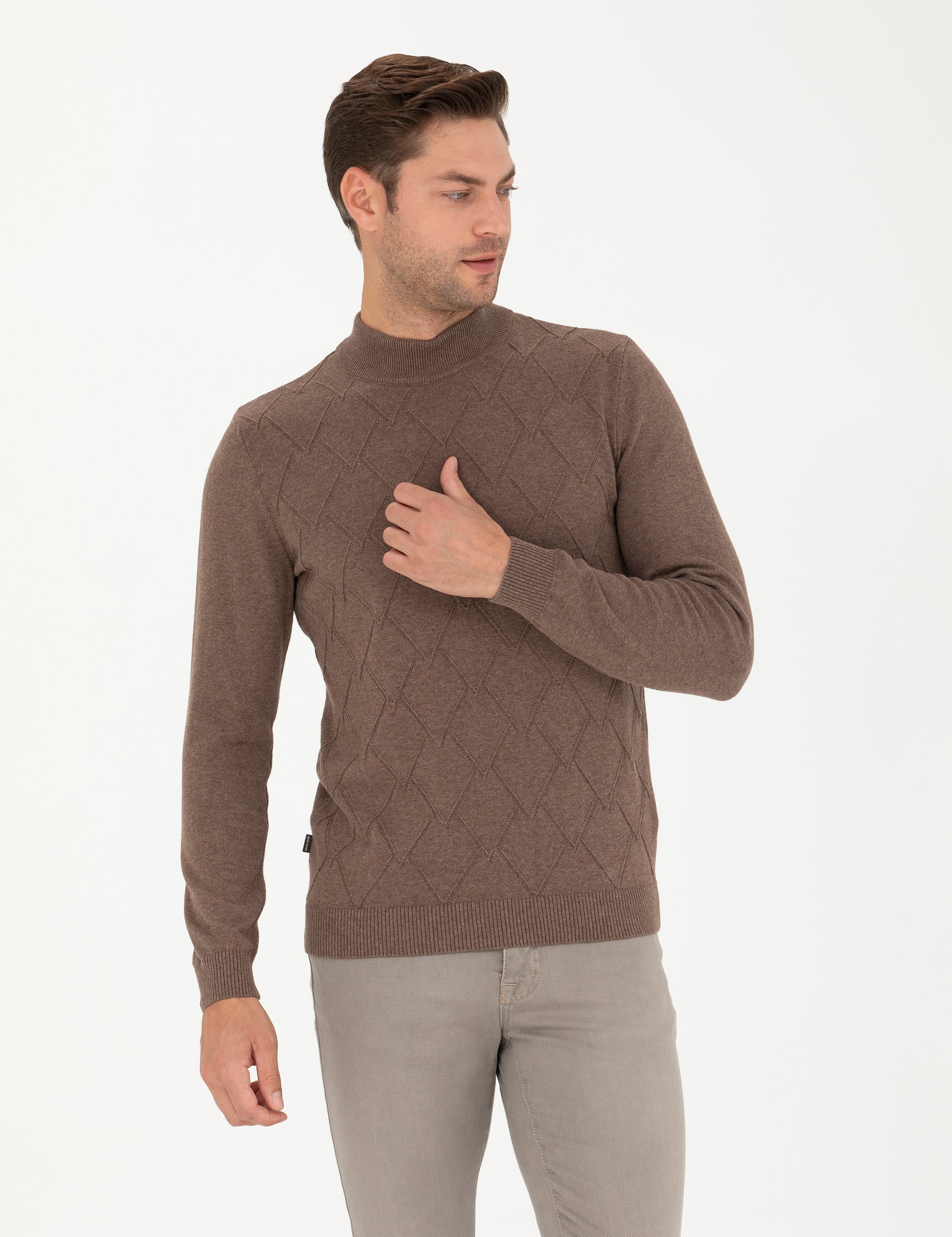 Camel Melanj Slim Fit Yarım Balıkçı Yaka Triko Kazak