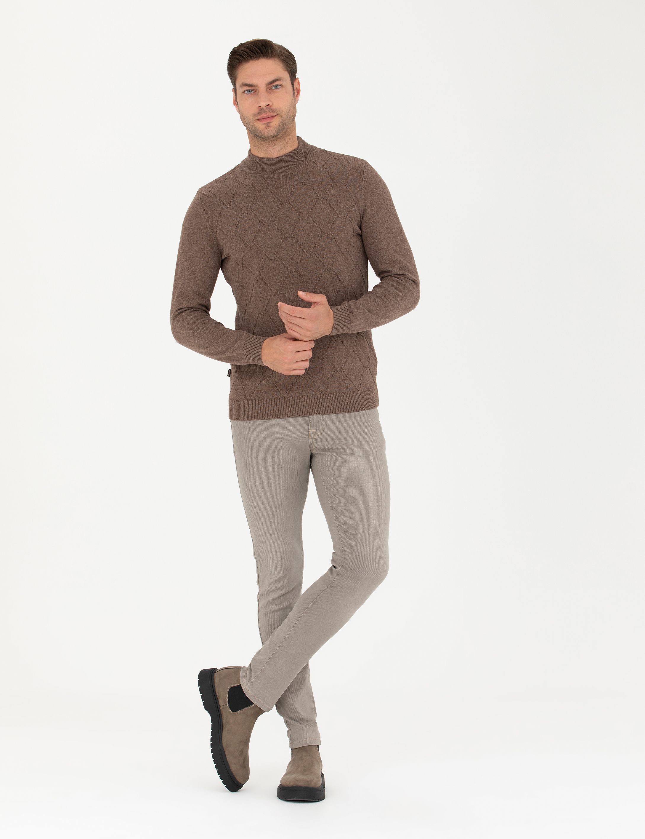 Camel Melanj Slim Fit Yarım Balıkçı Yaka Triko Kazak