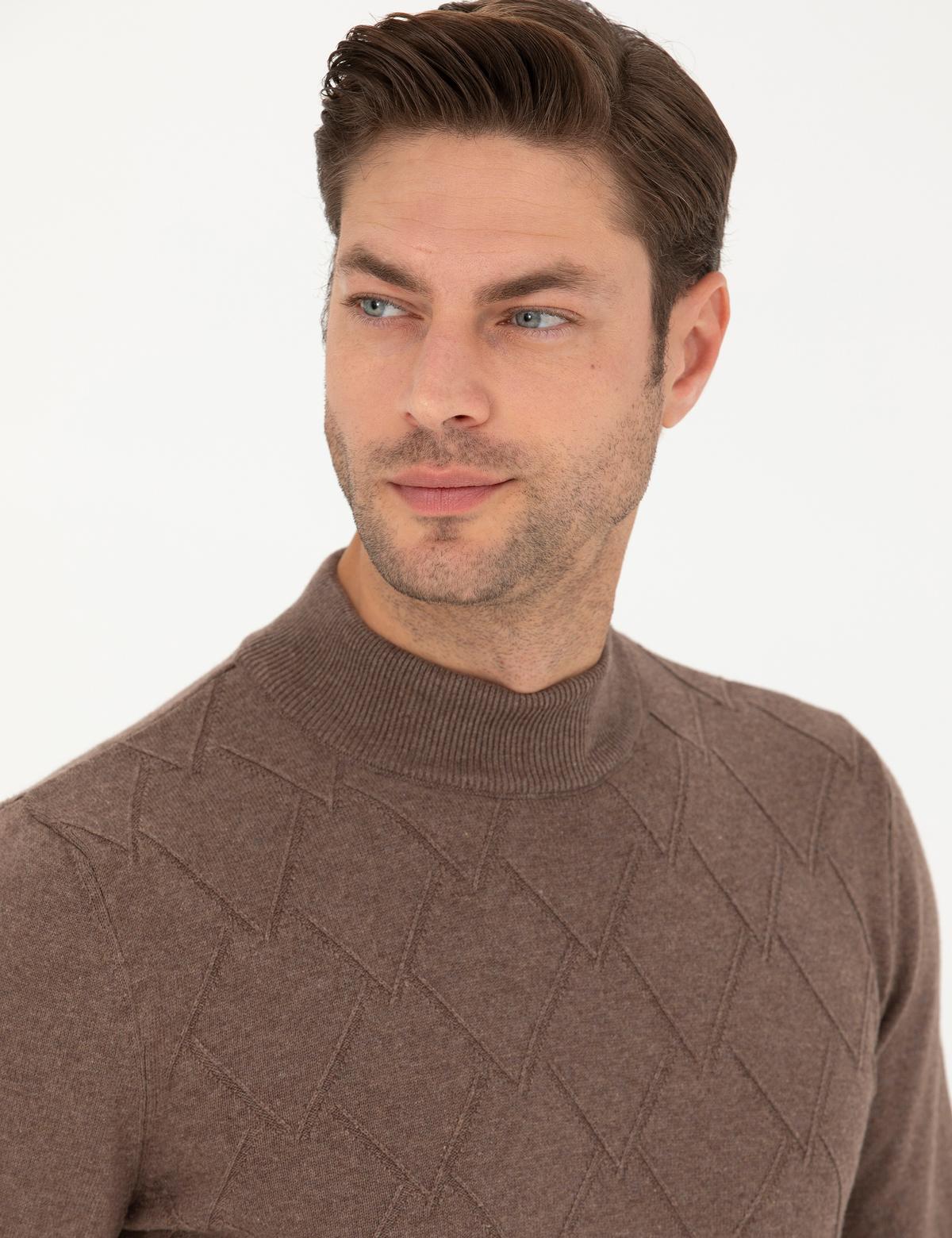 Camel Melanj Slim Fit Yarım Balıkçı Yaka Triko Kazak - 50281852001