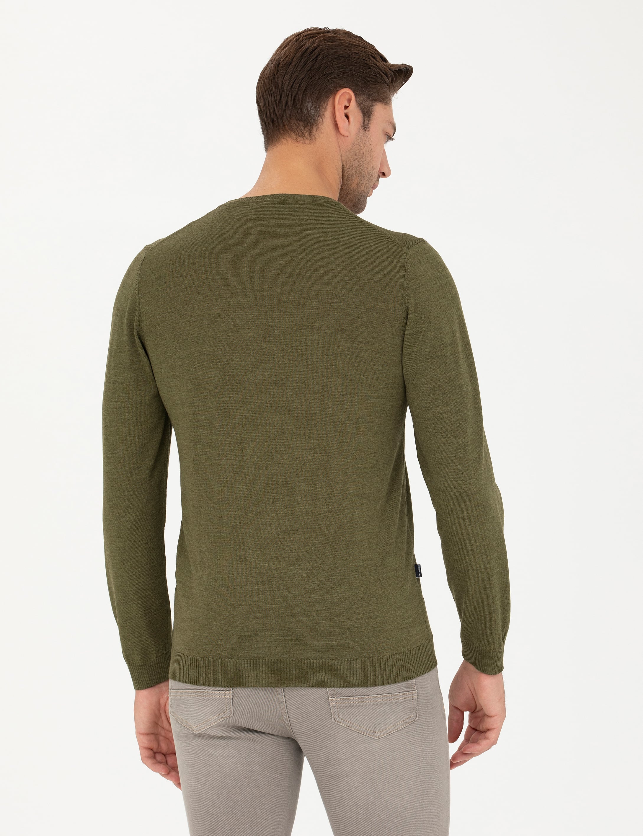 Açık Yeşil Slim Fit Bisiklet Yaka Yün Karışımlı Basic Triko Kazak