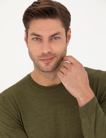 Açık Yeşil Slim Fit Bisiklet Yaka Yün Karışımlı Basic Triko Kazak - 50270054088