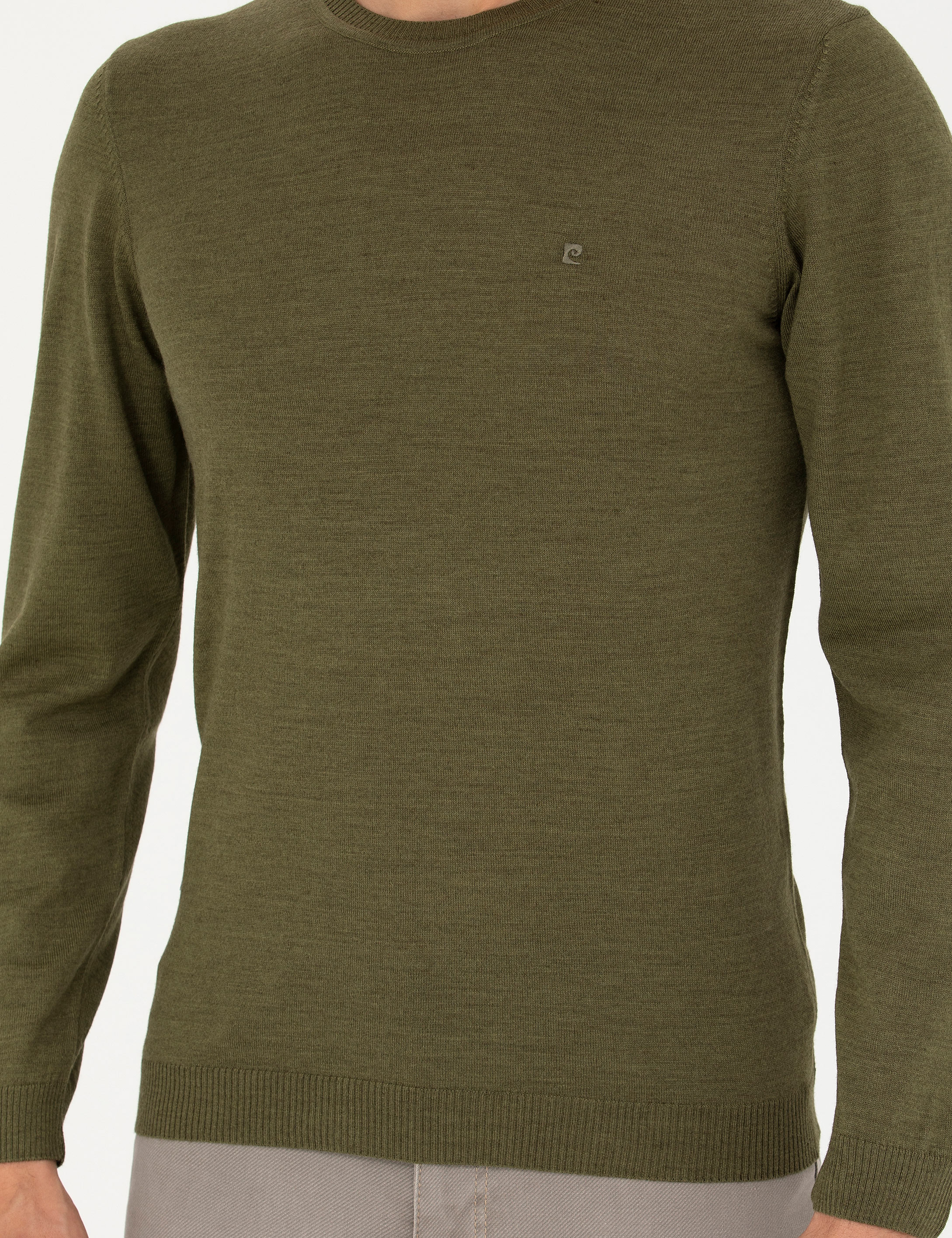Açık Yeşil Slim Fit Bisiklet Yaka Yün Karışımlı Basic Triko Kazak