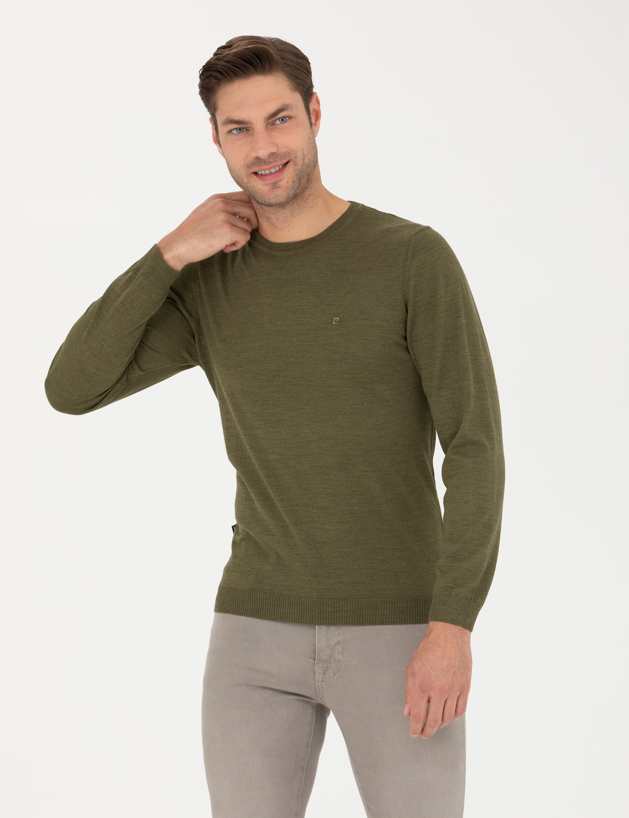 Açık Yeşil Slim Fit Bisiklet Yaka Yün Karışımlı Basic Triko Kazak