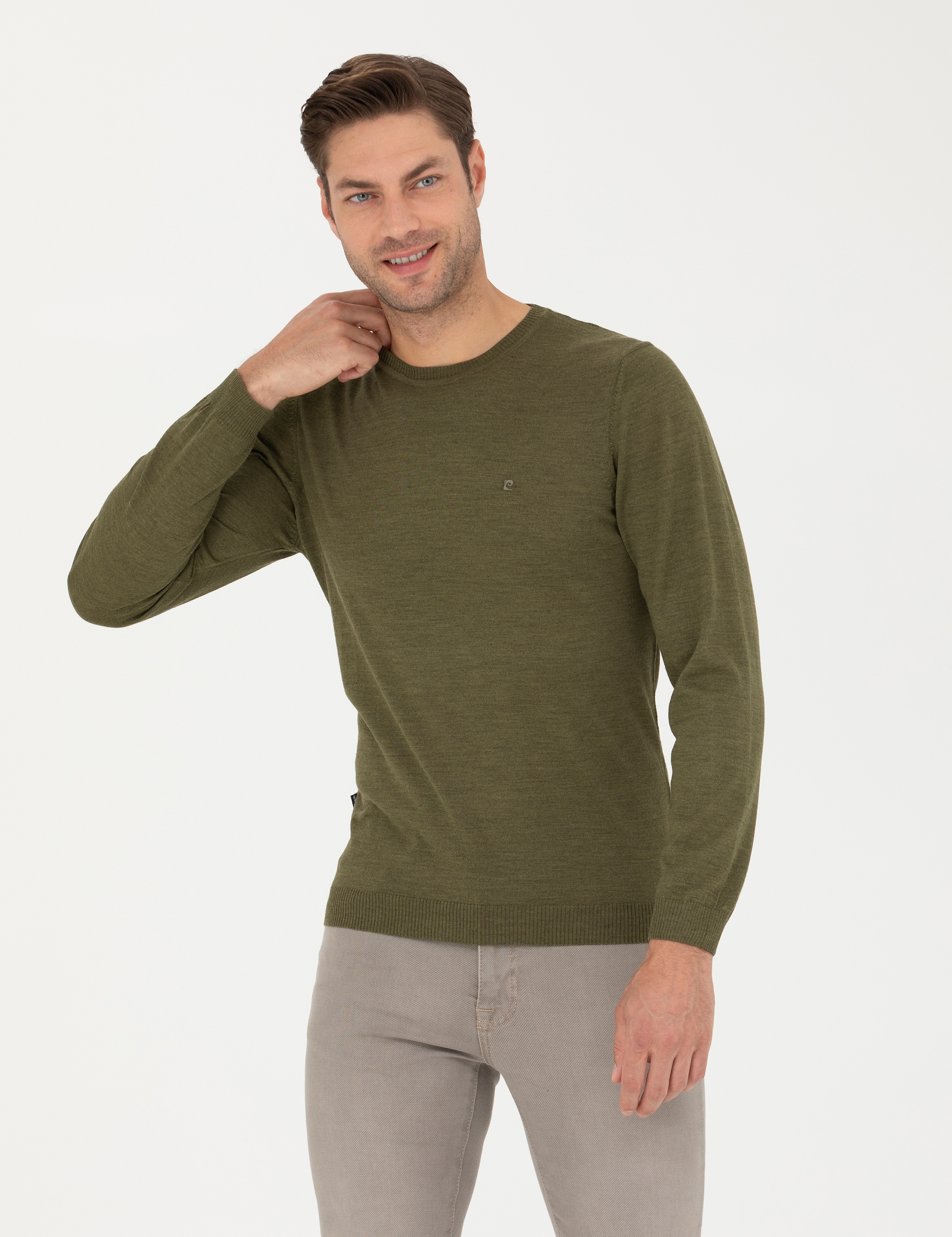Açık Yeşil Slim Fit Bisiklet Yaka Yün Karışımlı Basic Triko Kazak - Image 3