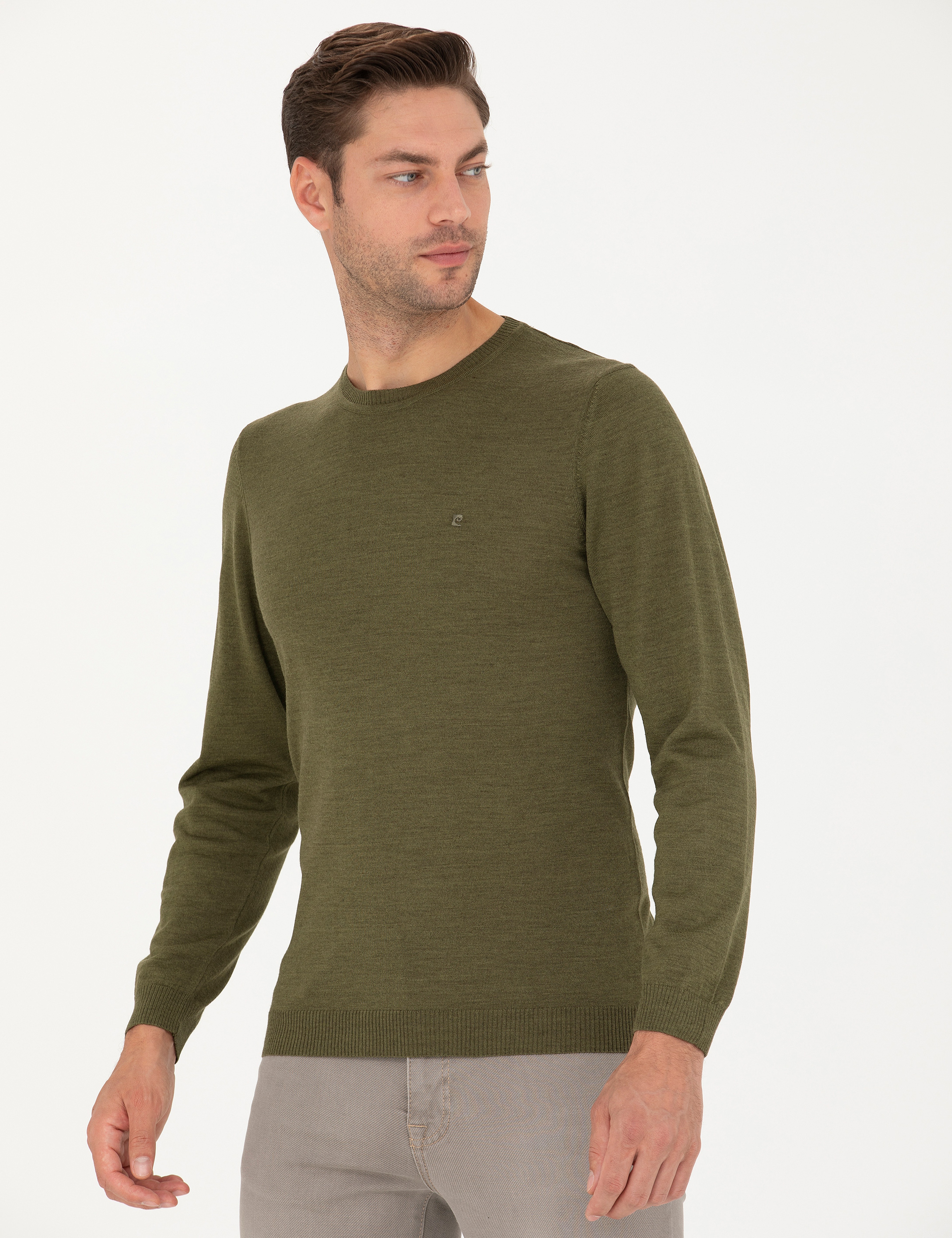 Açık Yeşil Slim Fit Bisiklet Yaka Yün Karışımlı Basic Triko Kazak - Image 1